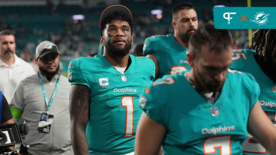 Tua Tagovailoa (1) walks off the field after losing to the Tennessee Titans at Hard Rock Stadium in Miami Gardens.