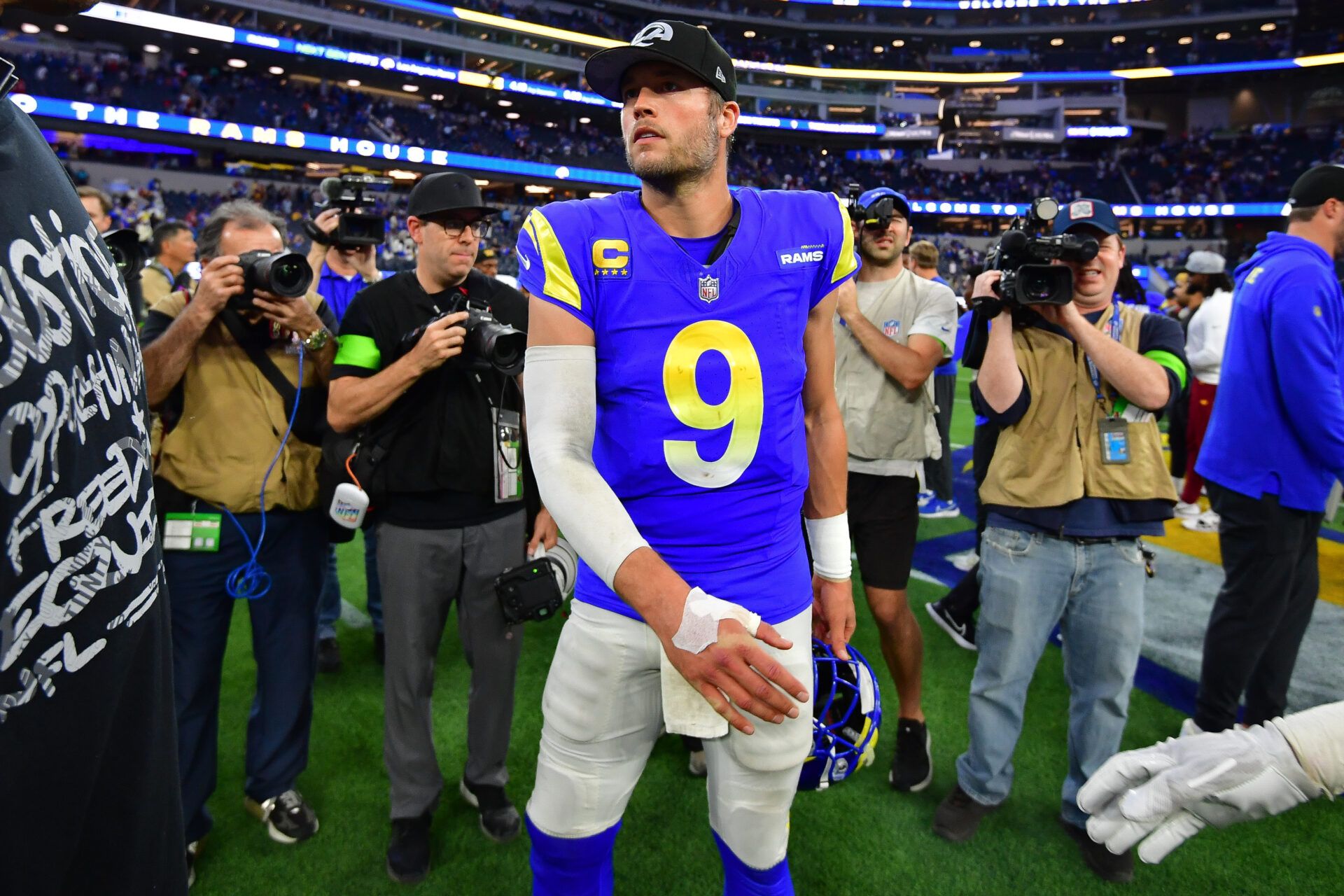 Los Angeles Rams quarterback Matthew Stafford (9) following the victory against the Washington Commanders at SoFi Stadium.