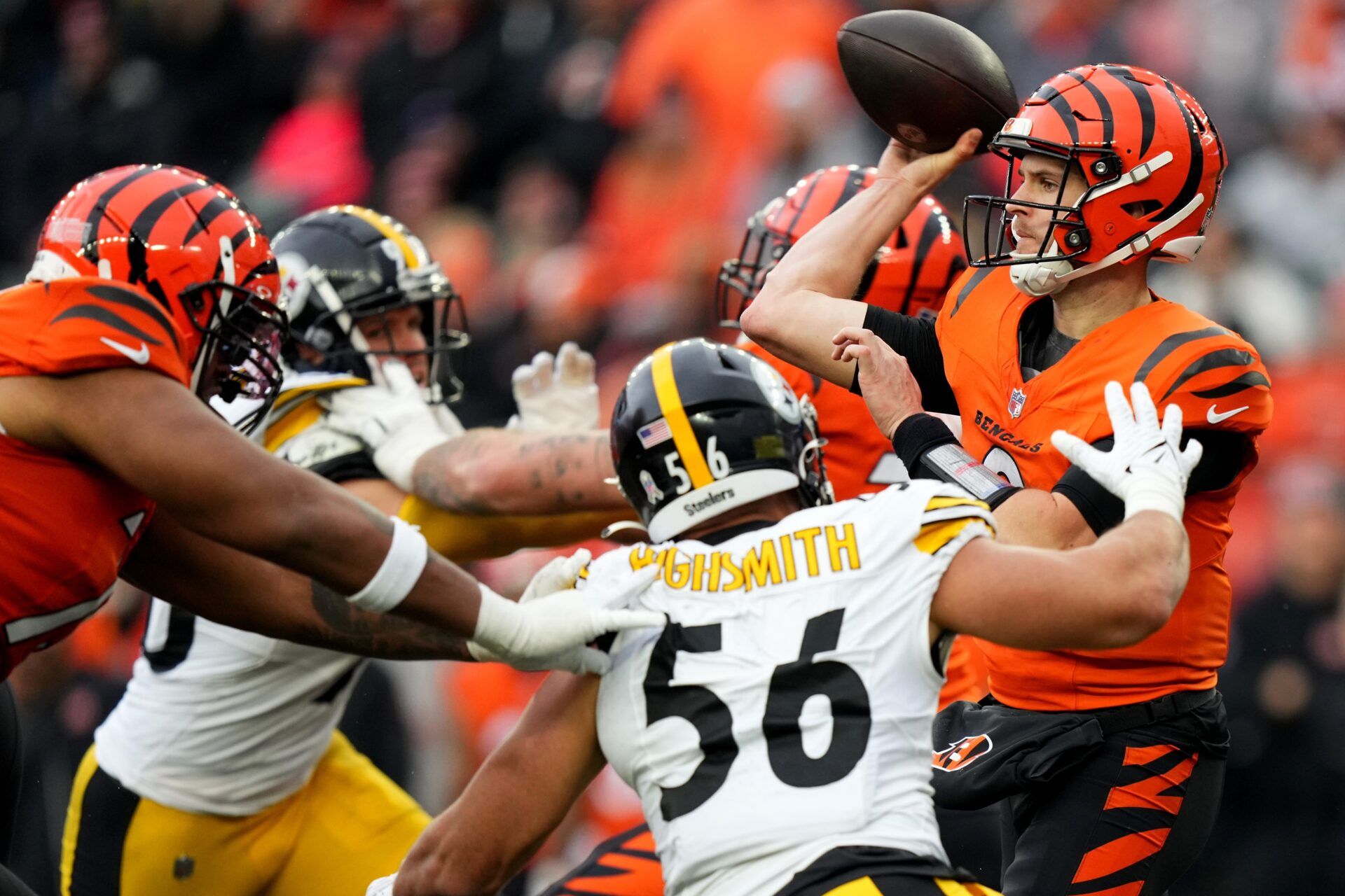 Cincinnati Bengals quarterback Jake Browning (6) throws under pressure in the fourth quarter against the Pittsburgh Steelers at Paycor Stadium.