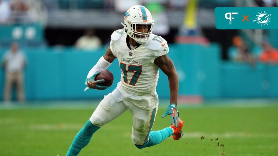 Miami Dolphins wide receiver Jaylen Waddle (17) runs with the ball against the New York Jets during the second half at Hard Rock Stadium.