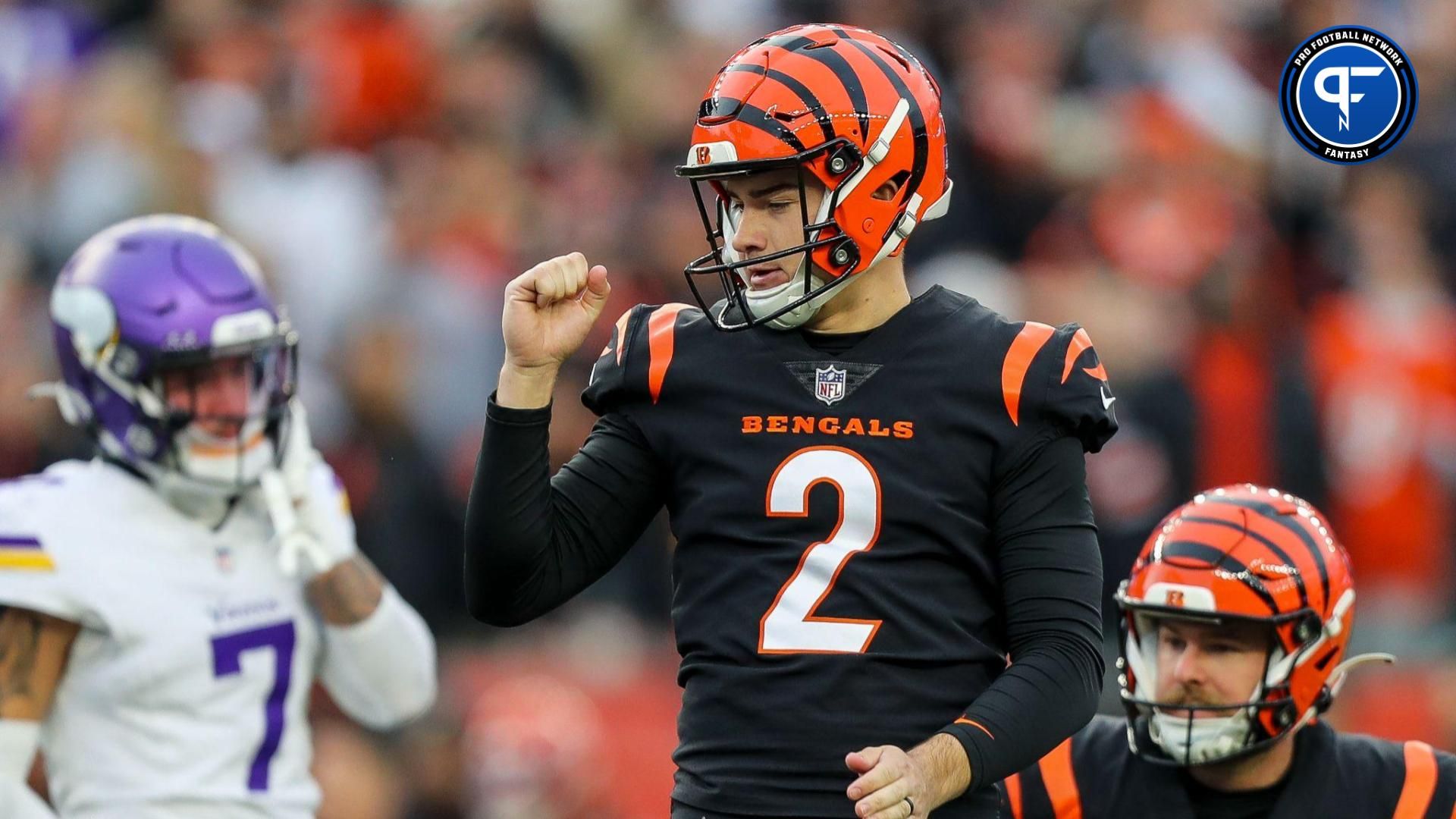 Cincinnati Bengals place kicker Evan McPherson (2) reacts after the victory over the Minnesota Vikings in overtime at Paycor Stadium.