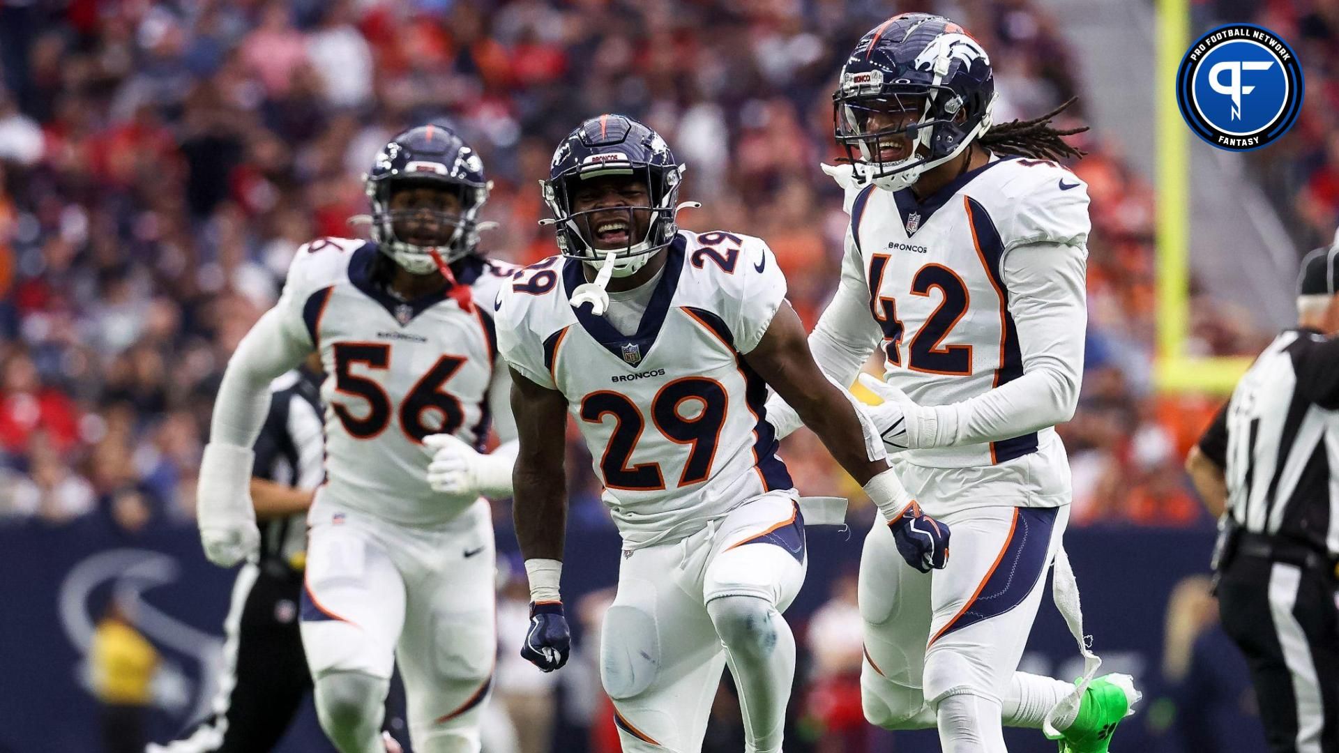 Denver Broncos cornerback Ja'Quan McMillian (29) reacts after making a sack during the third quarter against the Houston Texans at NRG Stadium.