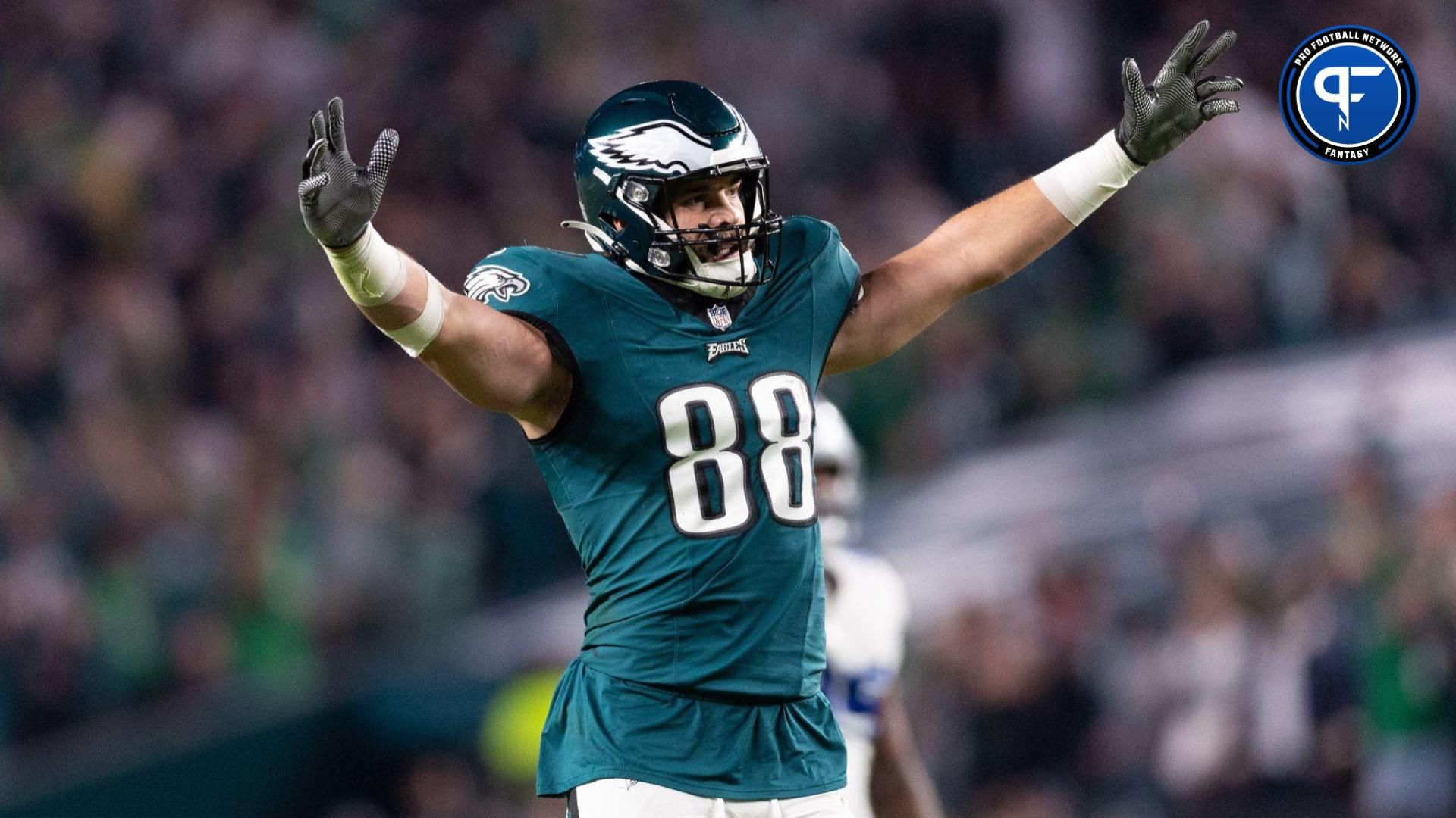 Philadelphia Eagles tight end Dallas Goedert (88) reacts to a touchdown against the Dallas Cowboys during the third quarter at Lincoln Financial Field.