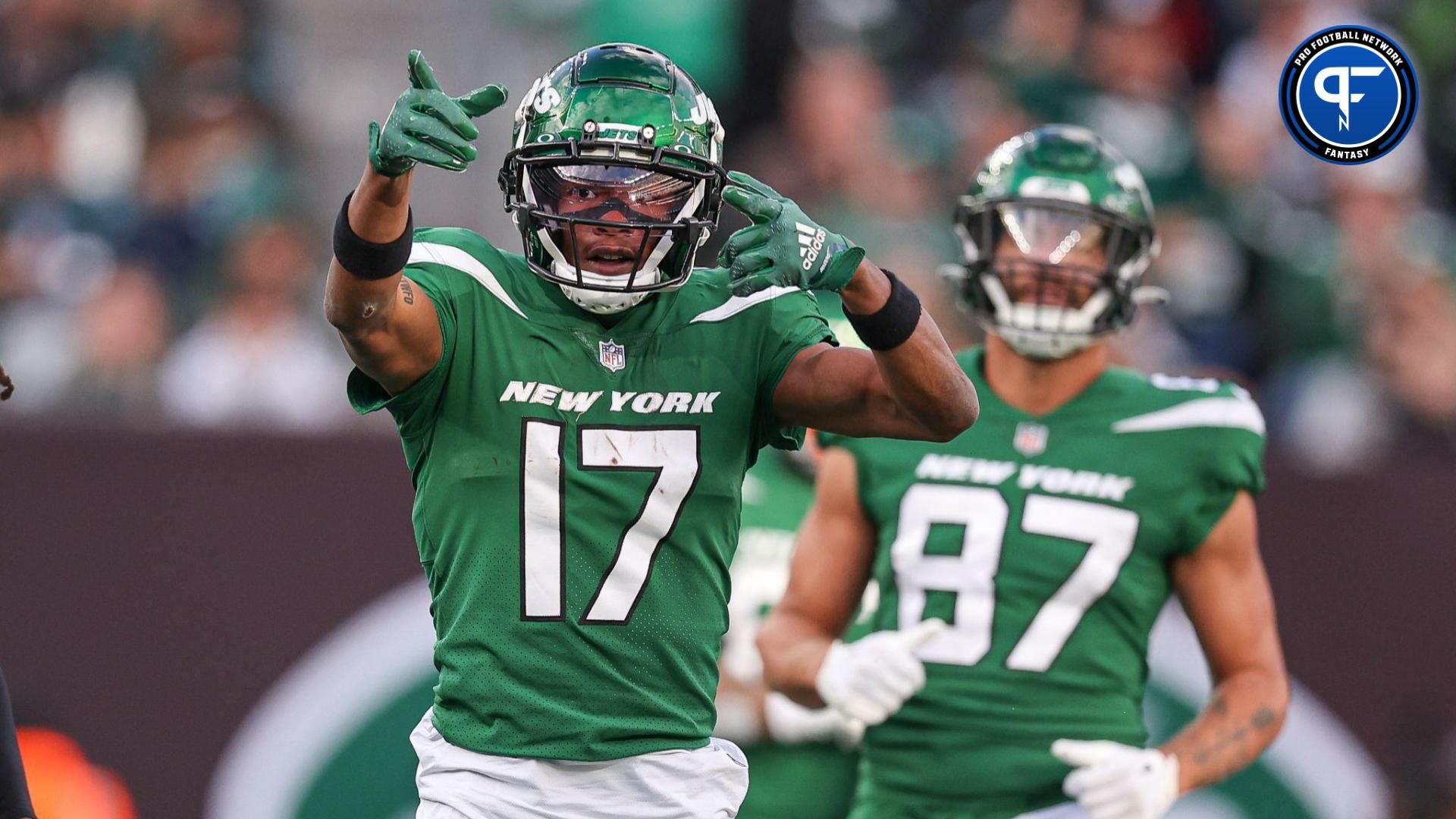 New York Jets wide receiver Garrett Wilson (17) reacts after a first down during the first half against the Philadelphia Eagles at MetLife Stadium.