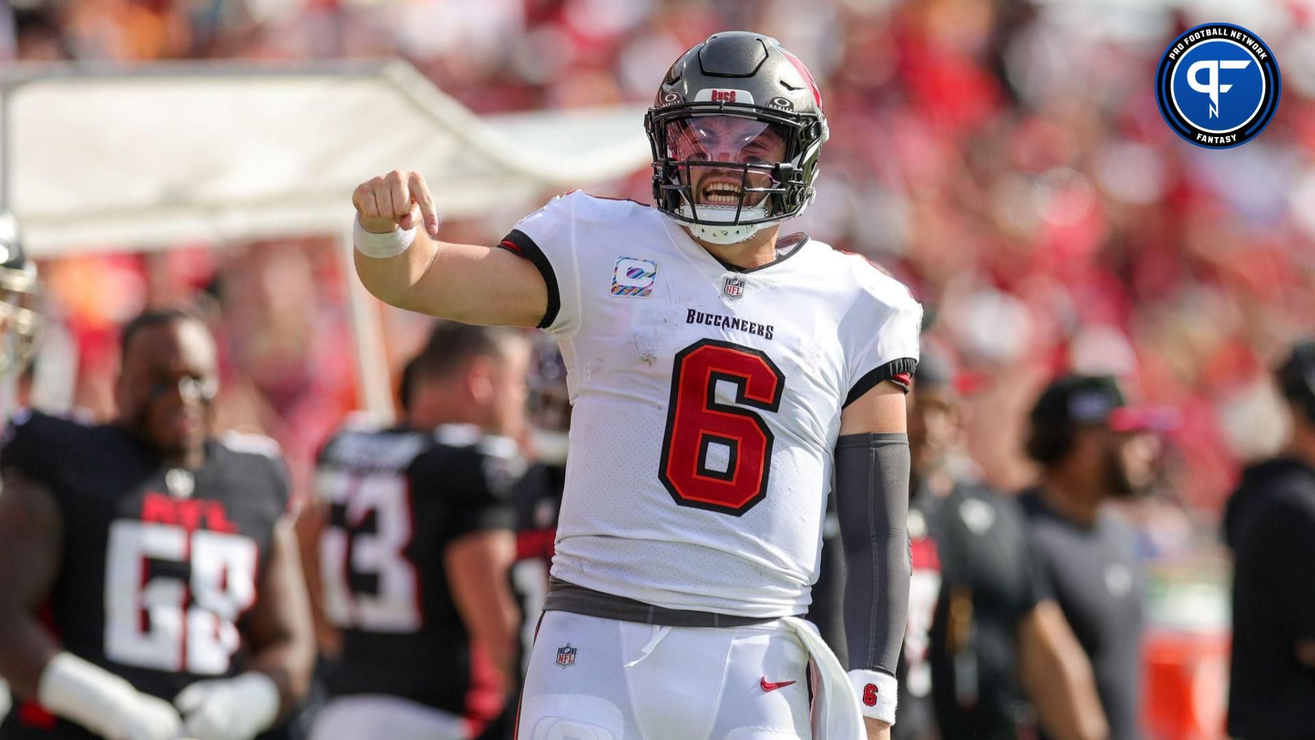 Tampa Bay Buccaneers quarterback Baker Mayfield (6) reacts after a run against the Atlanta Falcon in the fourth quarter at Raymond James Stadium.