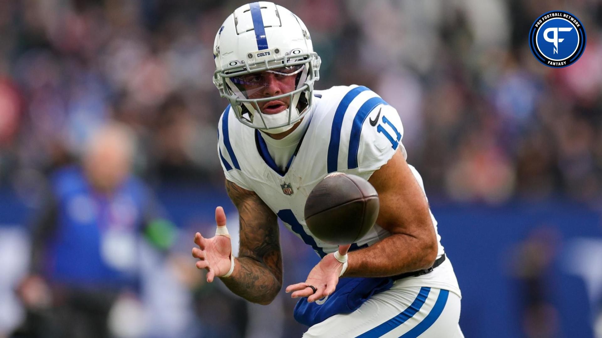 Indianapolis Colts wide receiver Michael Pittman Jr. (11) warms up before a game against the New England Patriots during an International Series game at Deutsche Bank Park.