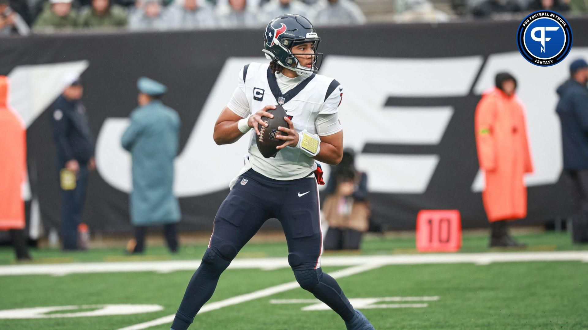 Houston Texans quarterback C.J. Stroud (7) drops back to pass during the first half against the New York Jets at MetLife Stadium.