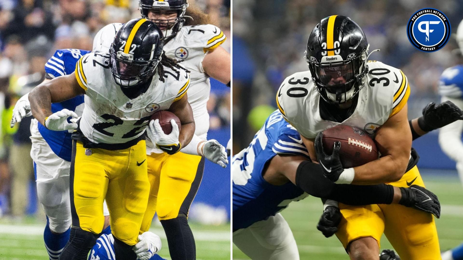 Pittsburgh Steelers running back Jaylen Warren (30) is tackled by Indianapolis Colts linebacker E.J. Speed (45) during a game between the Indianapolis Colts and the Pittsburgh Steelers in NFL Week 15 action on Saturday, Dec. 16, 2023, at Lucas Oil Stadium.