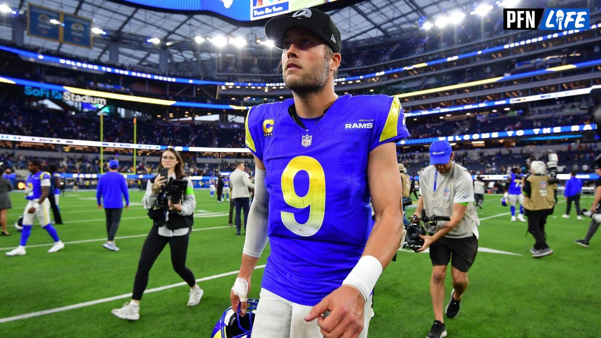 Los Angeles Rams quarterback Matthew Stafford (9) following the victory against the Washington Commanders at SoFi Stadium.