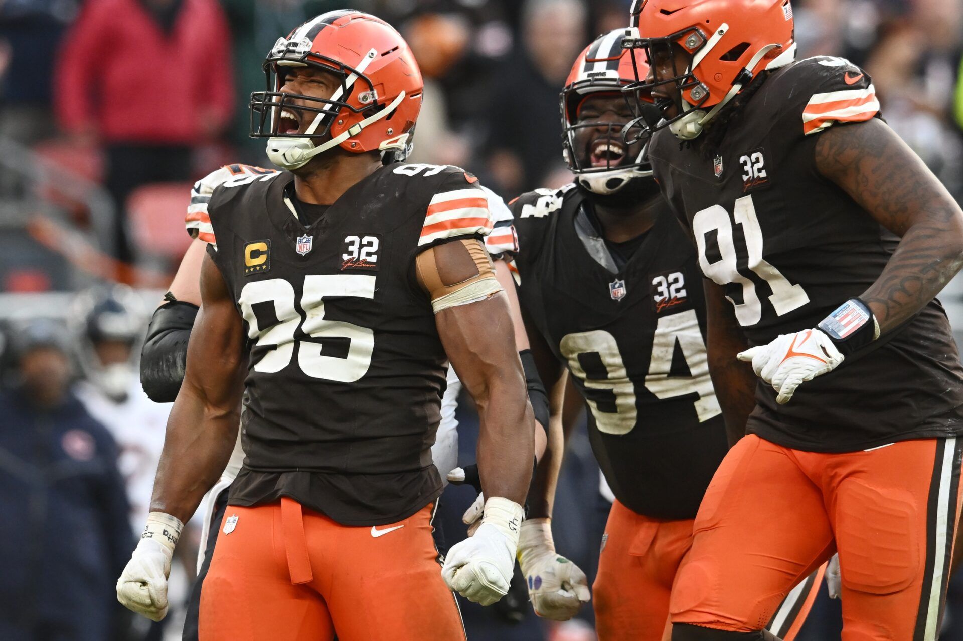 Cleveland Browns defensive end Myles Garrett (95) celebrates after making a tackle during the second half against the Chicago Bears at Cleveland Browns Stadium.