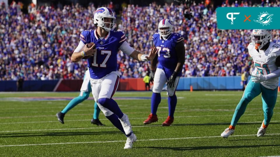 Buffalo Bills QB Josh Allen (17) runs in for a touchdown against the Miami Dolphins.