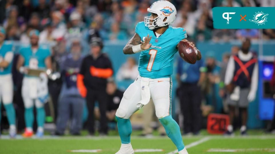 Miami Dolphins quarterback Tua Tagovailoa (1) throws the football against the Tennessee Titans during the third quarter at Hard Rock Stadium.