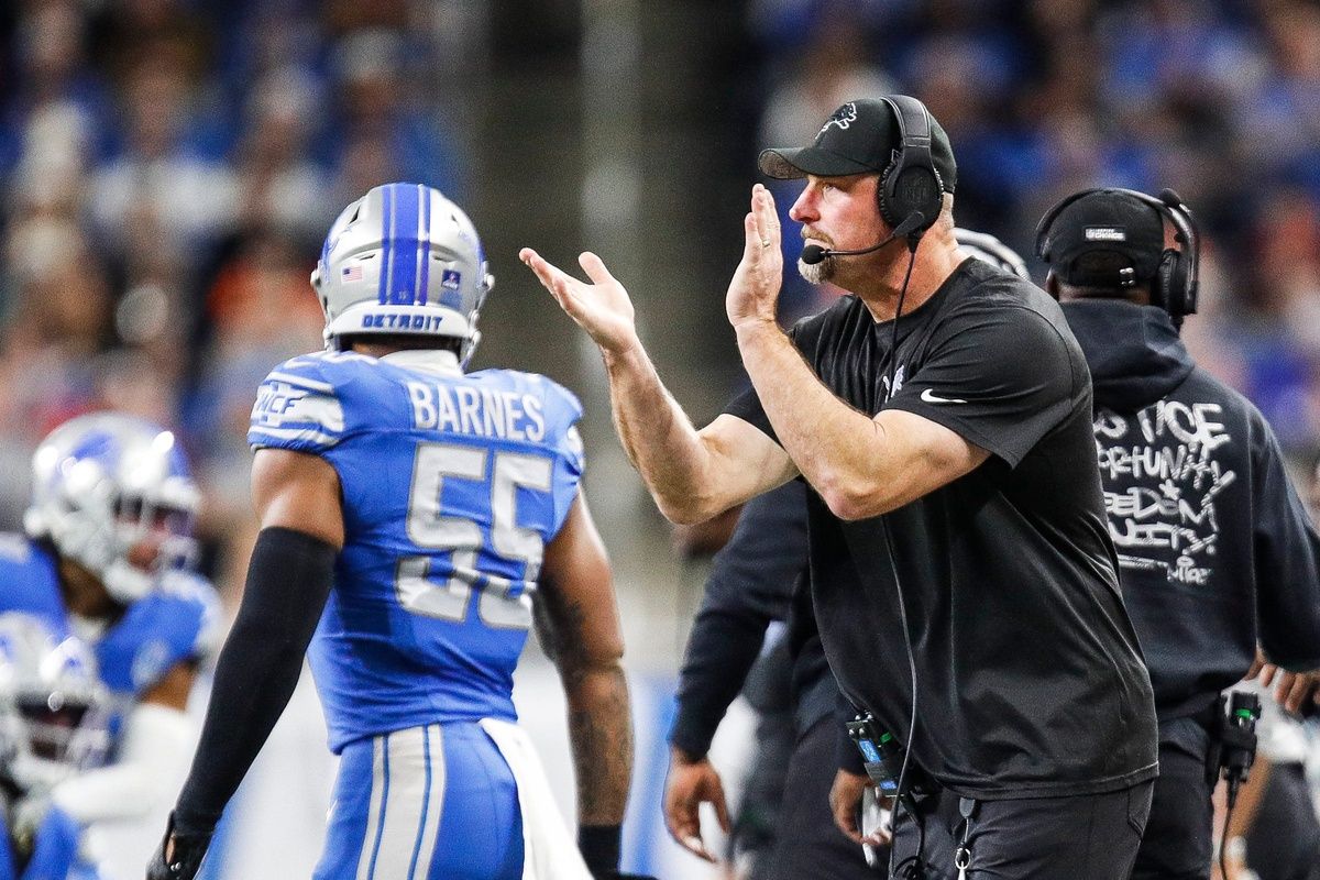 Detroit Lions head coach Dan Campbell reacts to a play against Denver Broncos during the first half at Ford Field.