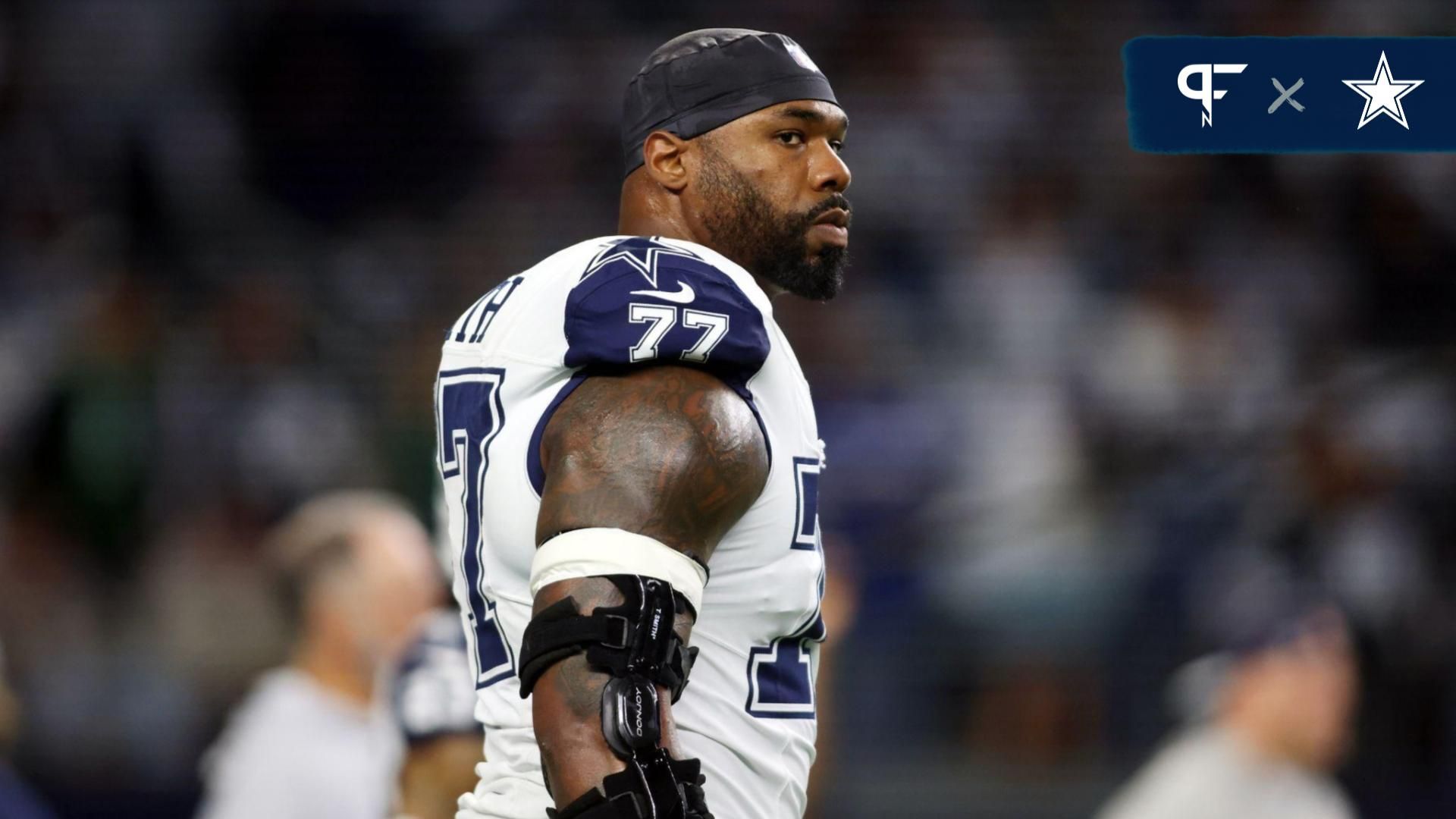 Dallas Cowboys offensive tackle Tyron Smith (77) on the field before the game against the Philadelphia Eagles at AT&T Stadium.