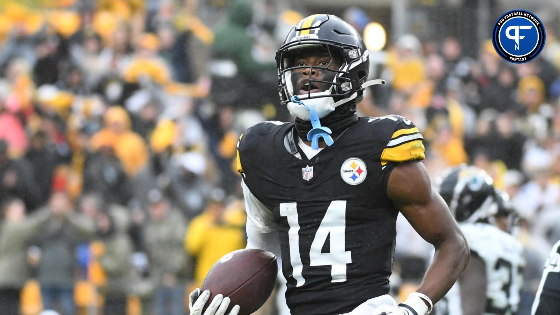 Pittsburgh Steelers wide receiver George Pickens (14) celebrates a third quarter touchdown against the Jacksonville Jaguars at Acrisure Stadium.