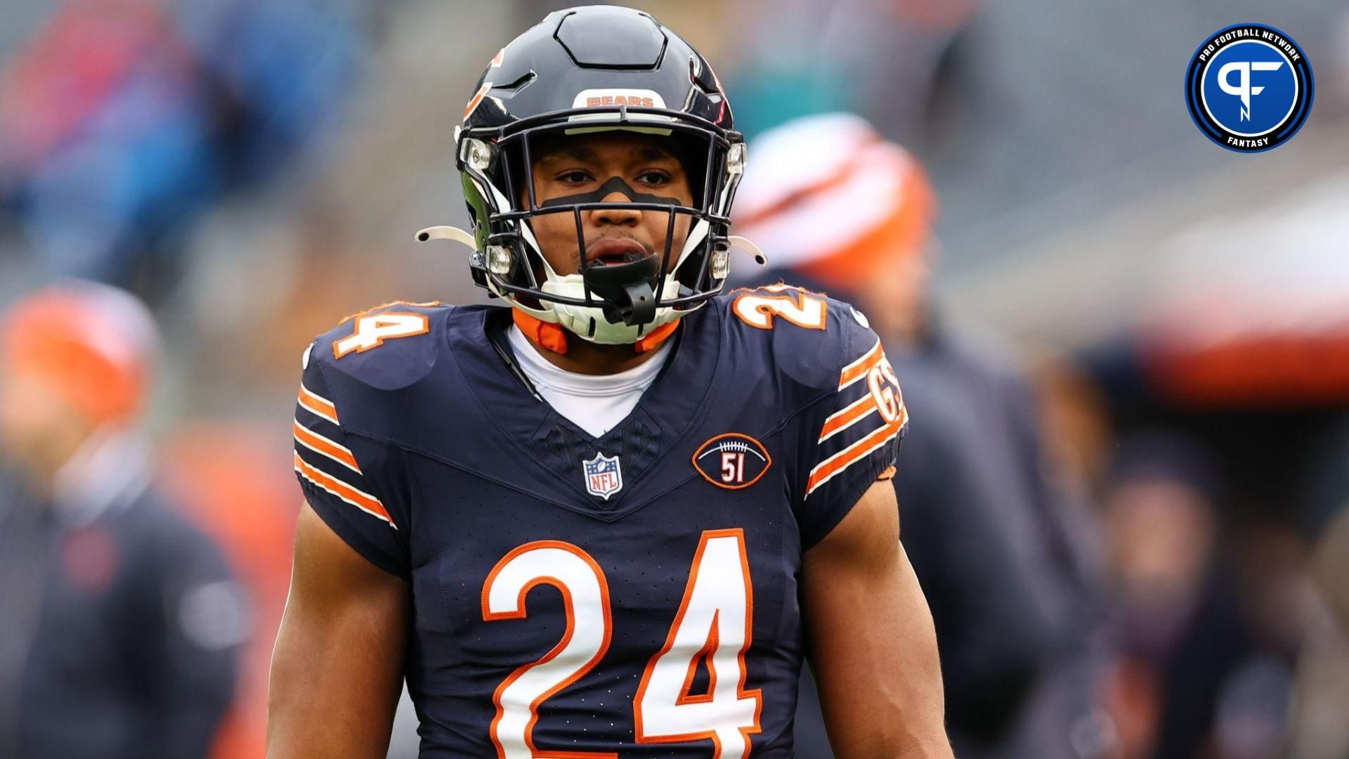 Chicago Bears running back Khalil Herbert (24) practices before the game against the Detroit Lions at Soldier Field.