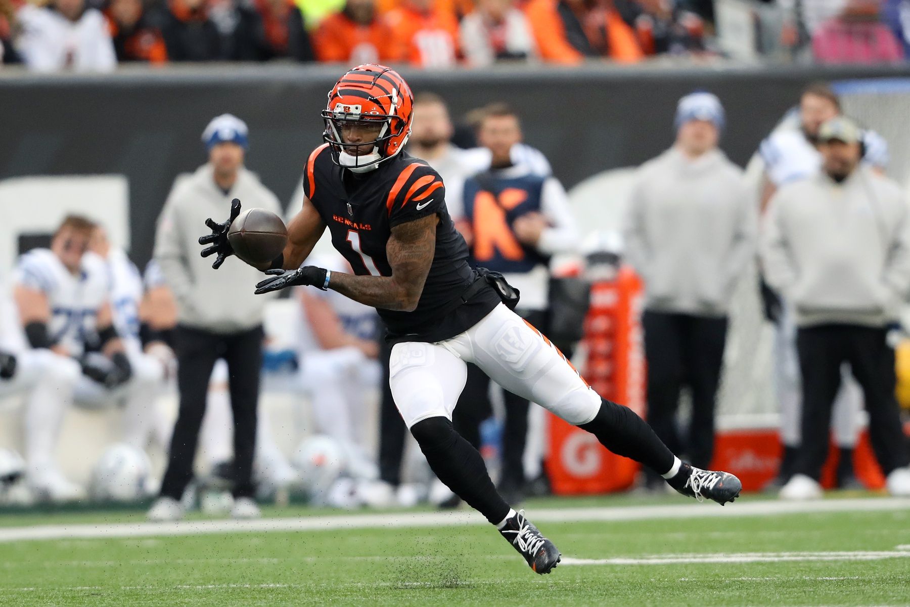 Cincinnati Bengals WR Ja'Marr Chase (1) catches a pass against the Indianapolis Colts.