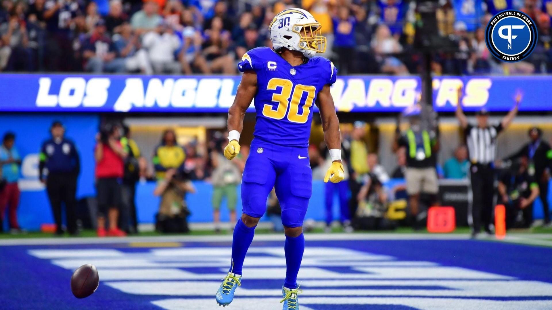 Los Angeles Chargers RB Austin Ekeler (30) scores a touchdown against the Denver Broncos.