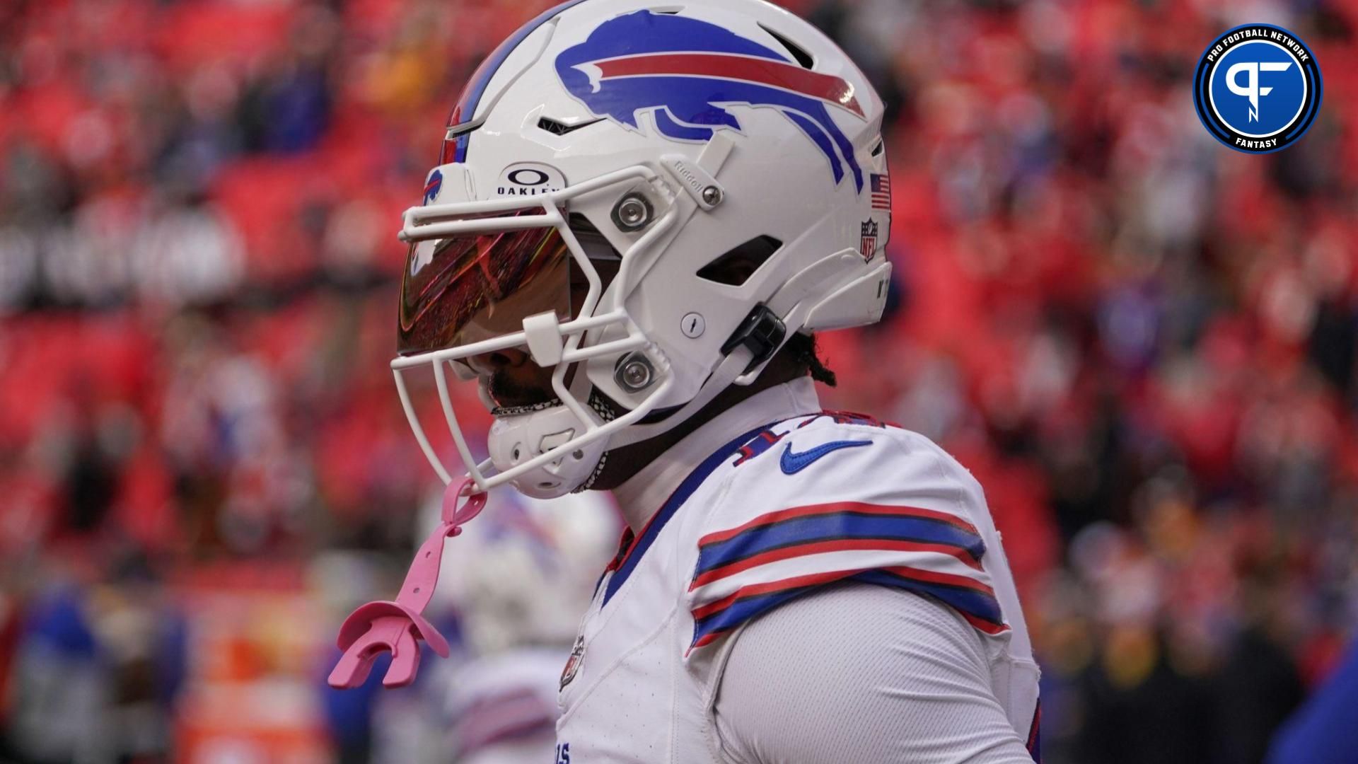 Buffalo Bills wide receiver Stefon Diggs (14) warms up against the Kansas City Chiefs prior to a game at GEHA Field at Arrowhead Stadium.