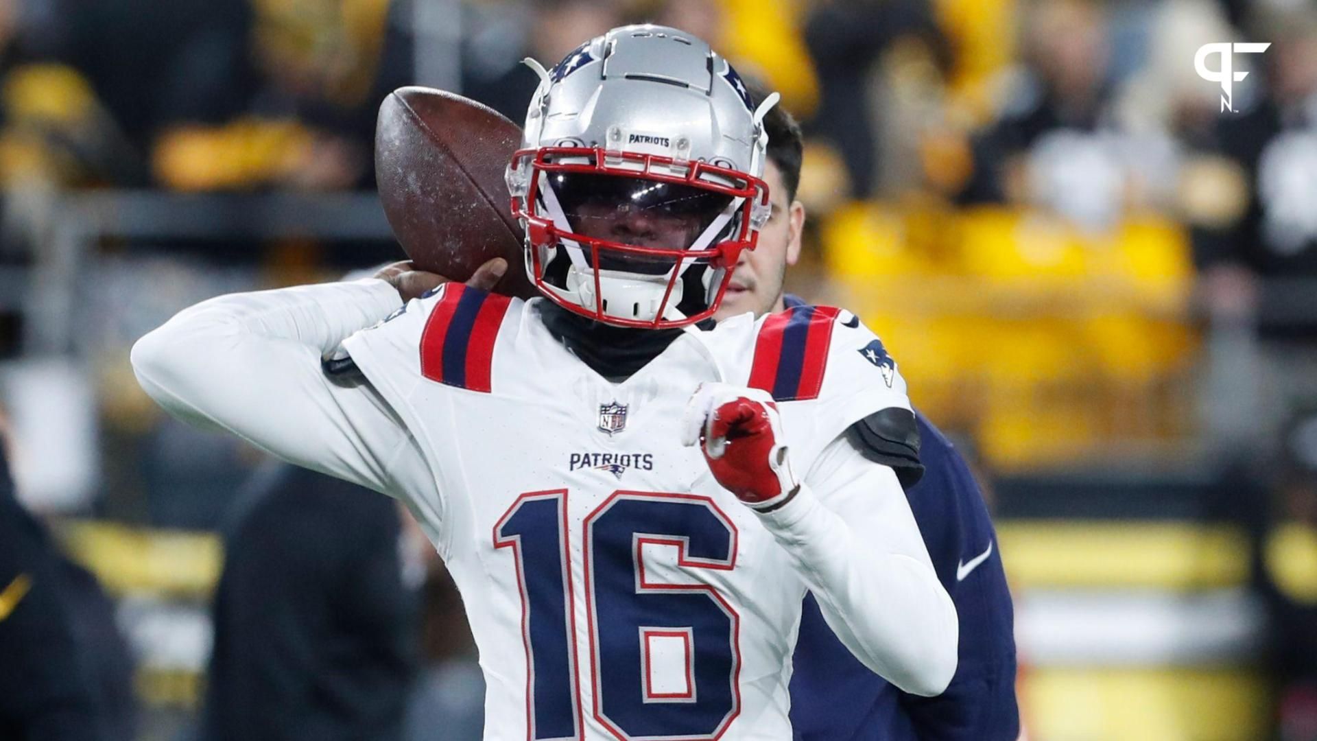 New England Patriots quarterback Malik Cunningham (16) warms up before the game against the Pittsburgh Steelers at Acrisure Stadium.