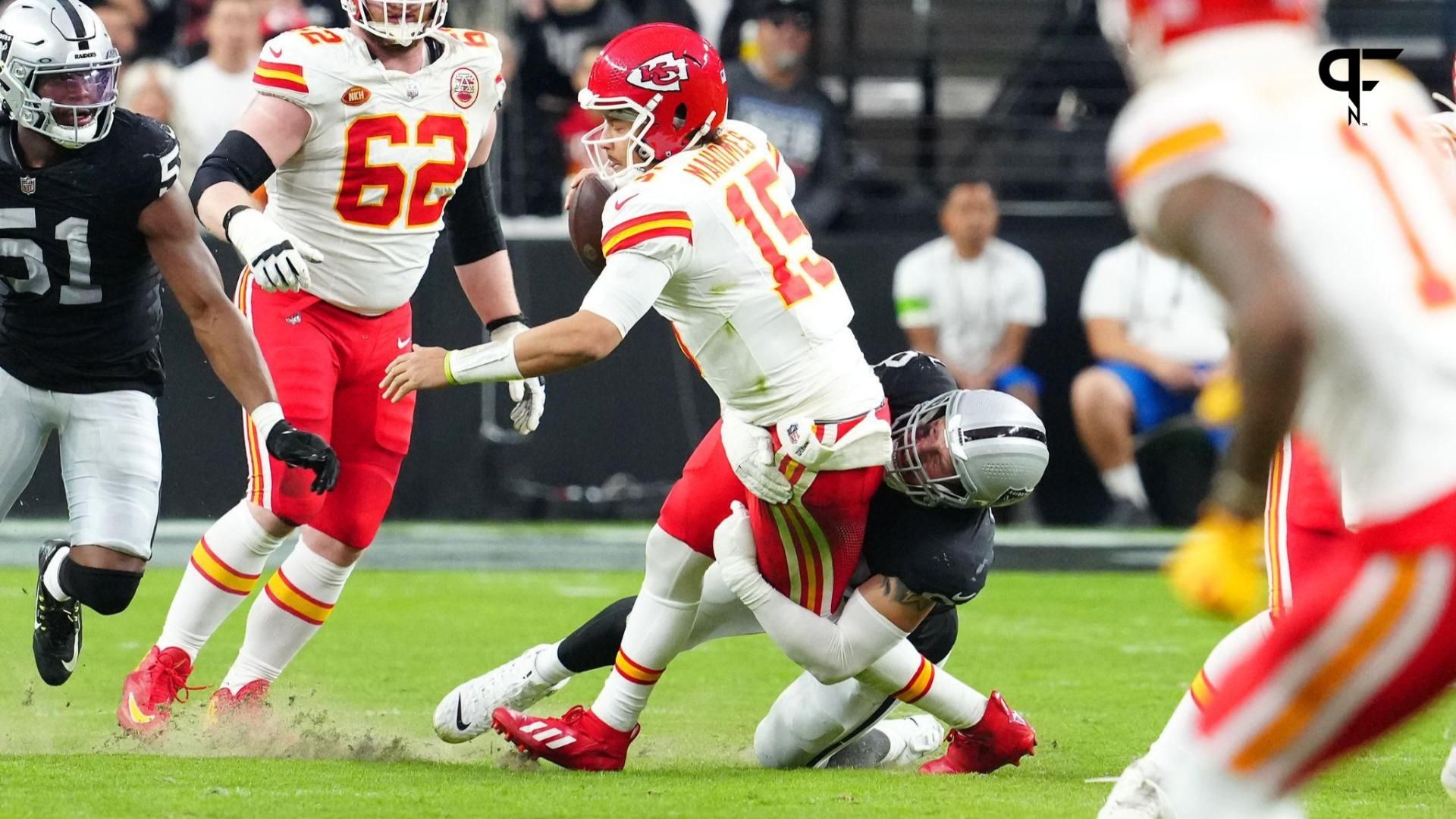 Las Vegas Raiders defensive end Maxx Crosby (98) sacks Kansas City Chiefs quarterback Patrick Mahomes (15) during the third quarter at Allegiant Stadium.