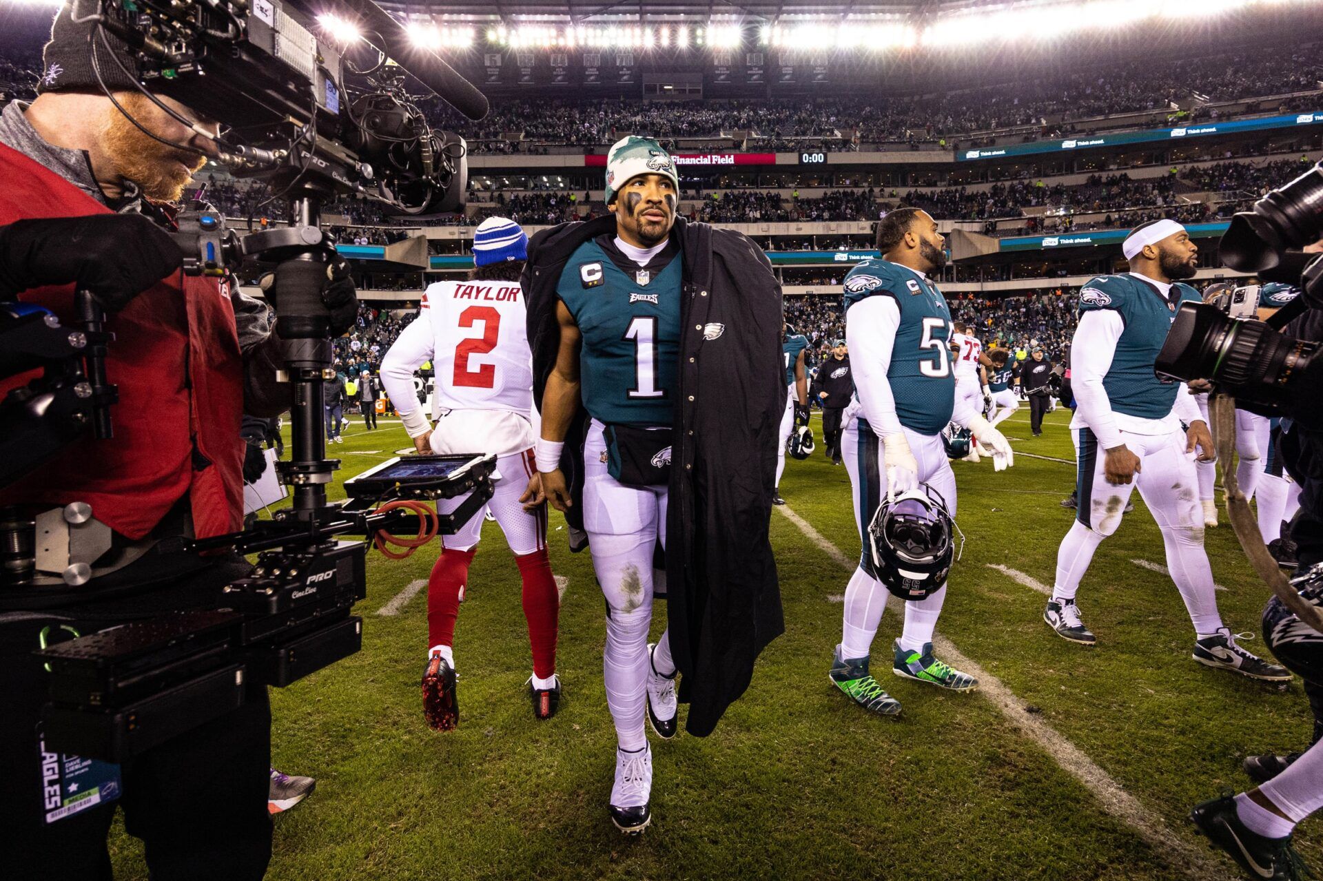 Philadelphia Eagles quarterback Jalen Hurts (1) leaves the field after defeating the New York Giants during an NFC divisional round game at Lincoln Financial Field.