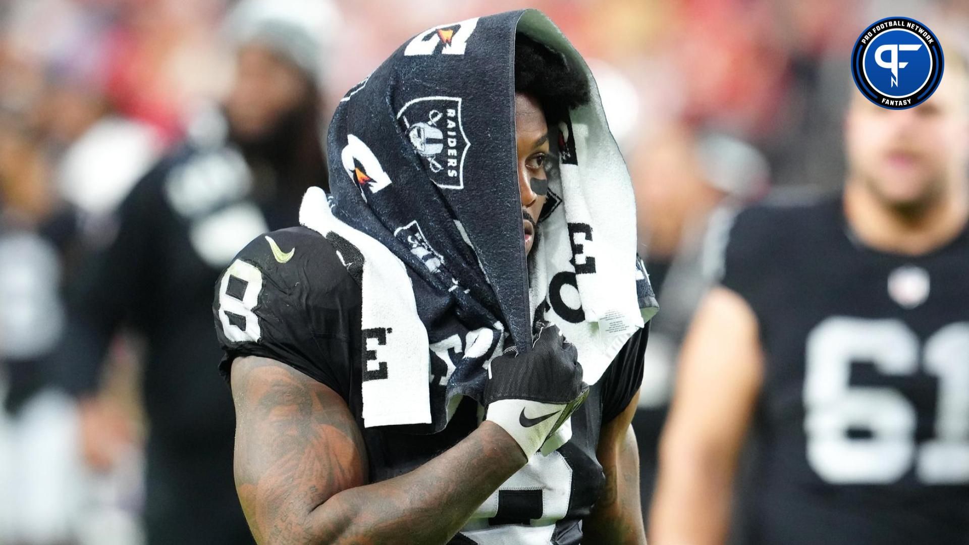 Las Vegas Raiders running back Josh Jacobs (8) walks off the field after the Chiefs defeated the Raiders 31-17 at Allegiant Stadium.