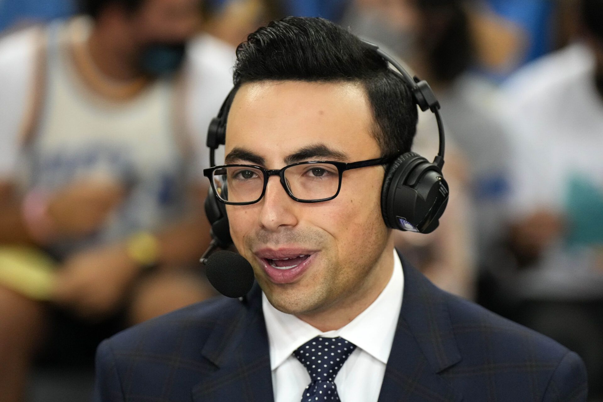 FS1 play-by-play announcer Noah Eagle during the game between the UCLA Bruins and the Washington Huskies at Pauley Pavilion presented by Wescom.