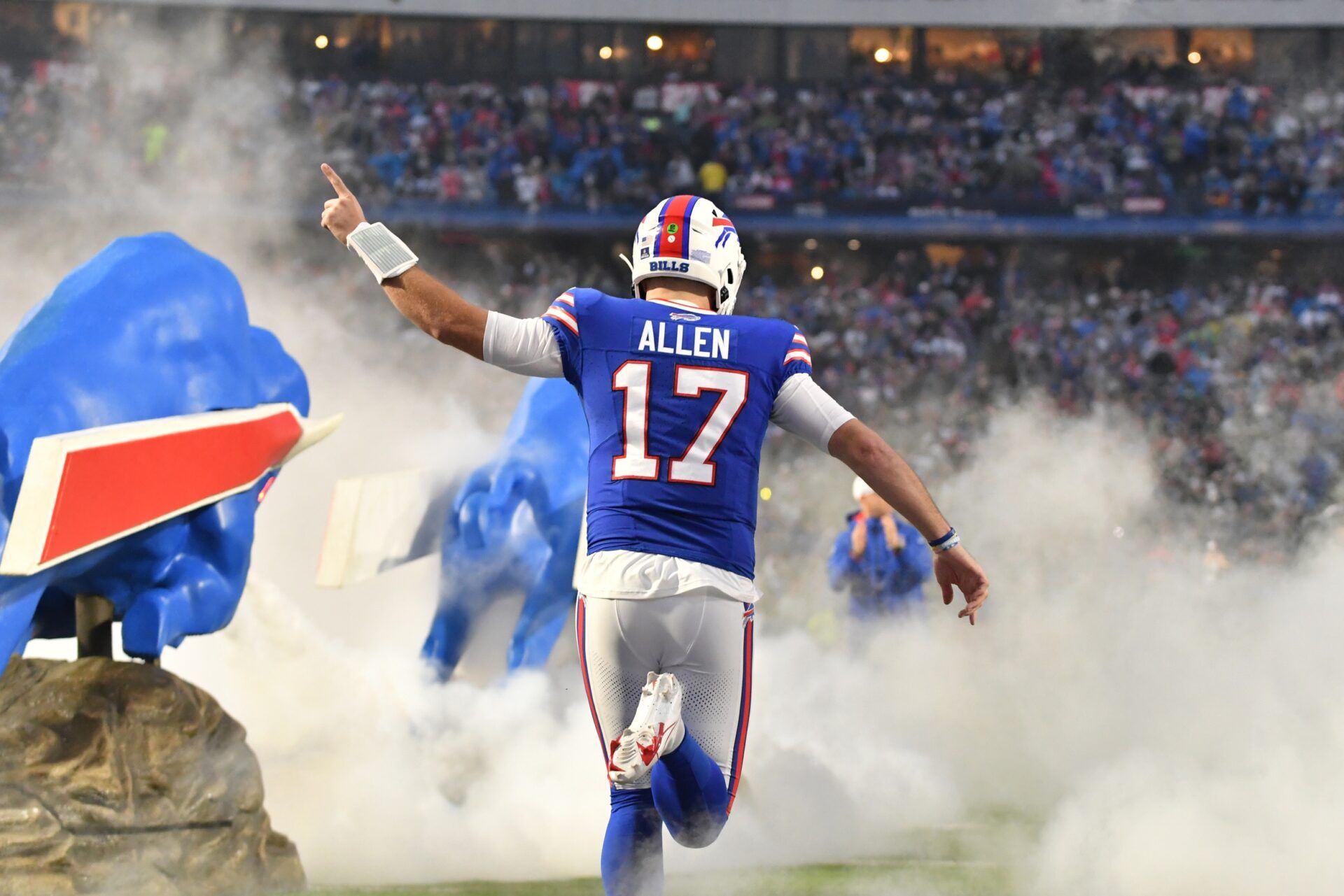 Buffalo Bills quarterback Josh Allen (17) takes the field before the game against the Dallas Cowboys at Highmark Stadium.