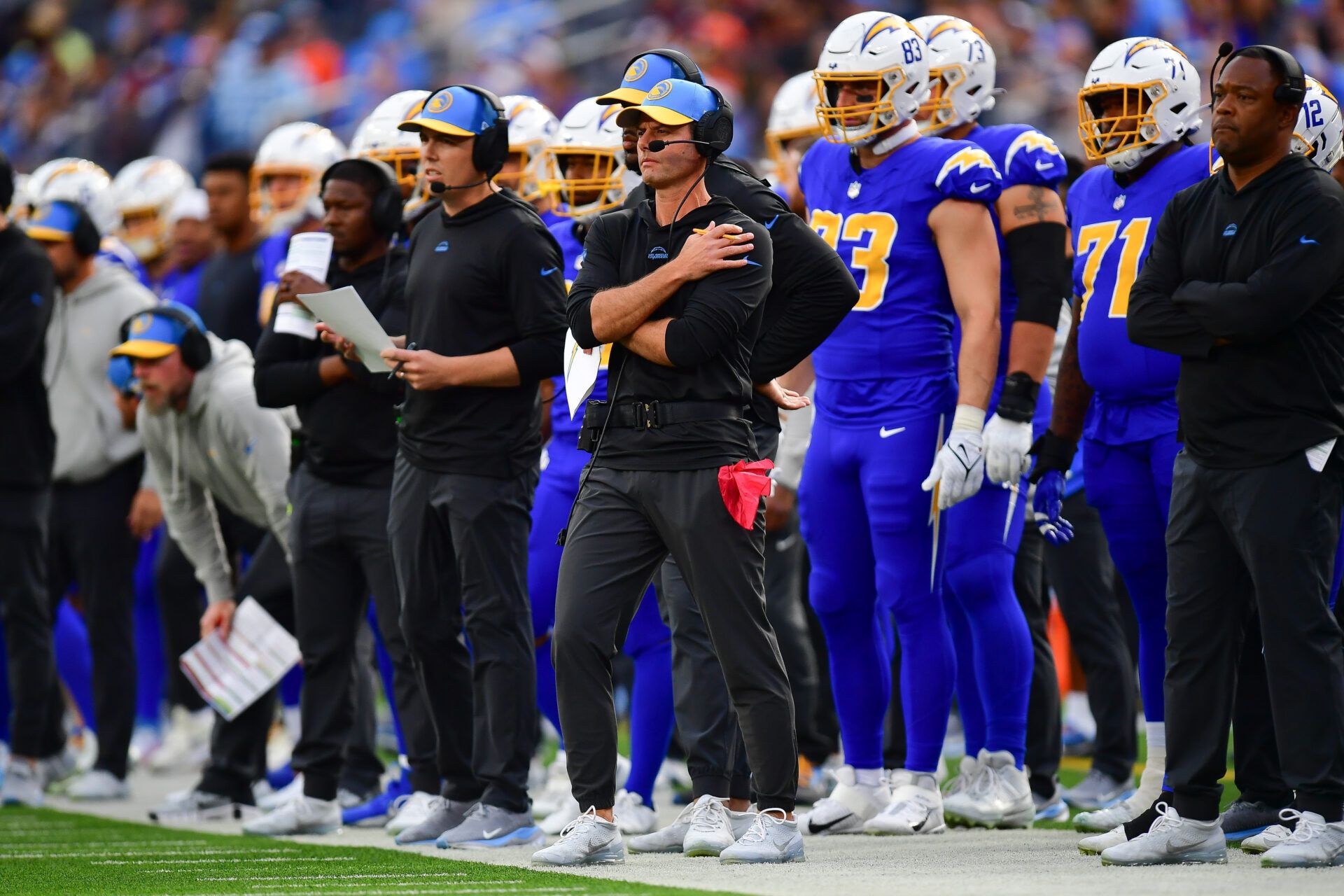 Los Angeles Chargers head coach Brandon Staley watches game action against the Denver Broncos during the first half at SoFi Stadium.