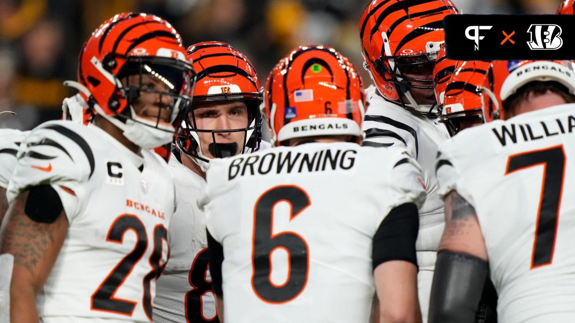 Cincinnati Bengals quarterback Jake Browning (6) calls a play as Cincinnati Bengals tight end Drew Sample (89) and Cincinnati Bengals offensive tackle Orlando Brown Jr. (75) listen in the first quarter during a Week 16 NFL football game between the Cincinnati Bengals and the Pittsburgh Steelers at Acrisure Stadium.