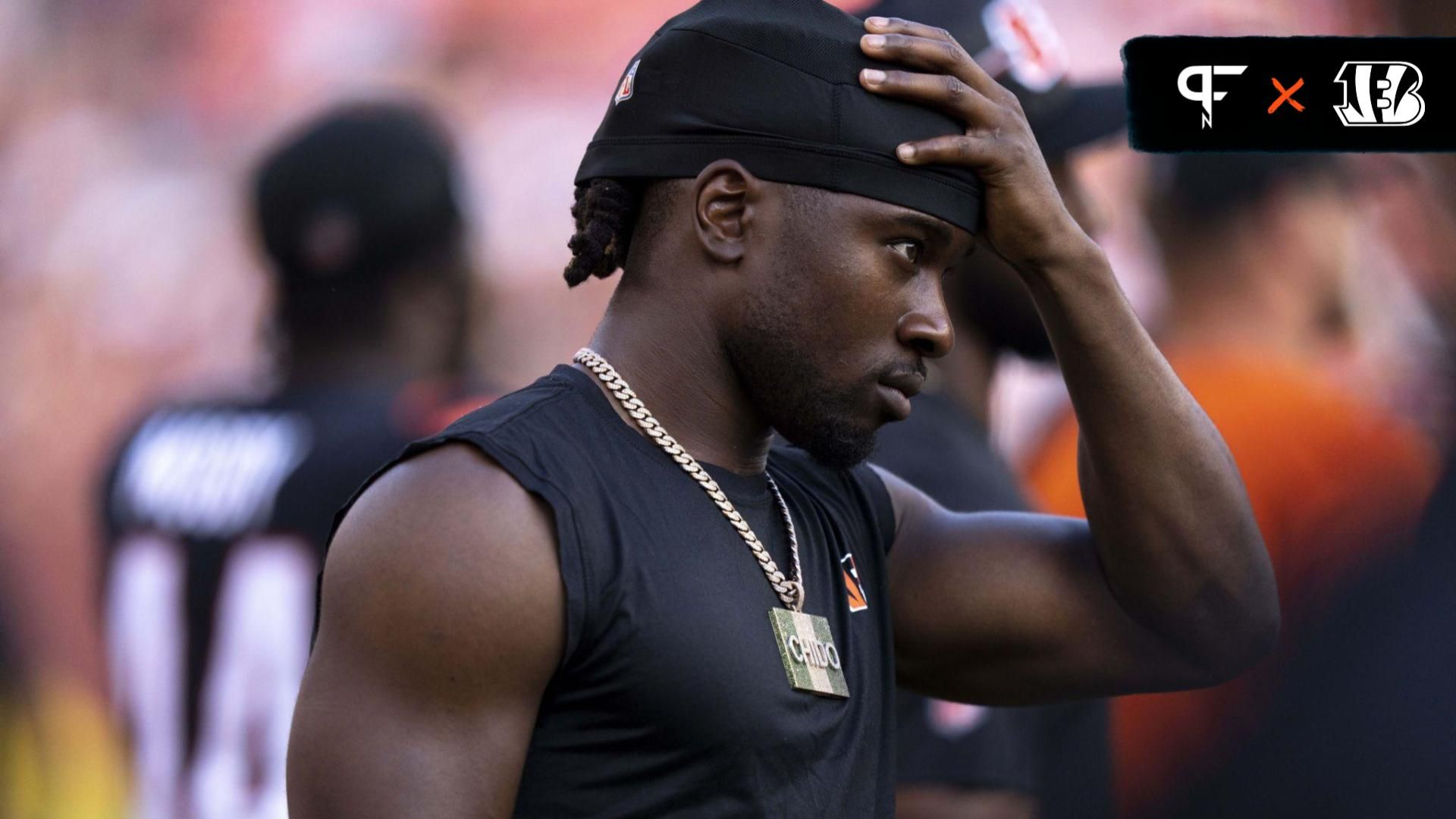 Cincinnati Bengals cornerback Chidobe Awuzie (22) looks on while dressed out in the fourth quarter of the NFL preseason week 3 game between the Cincinnati Bengals and the Washington Commanders at FedEx Field.