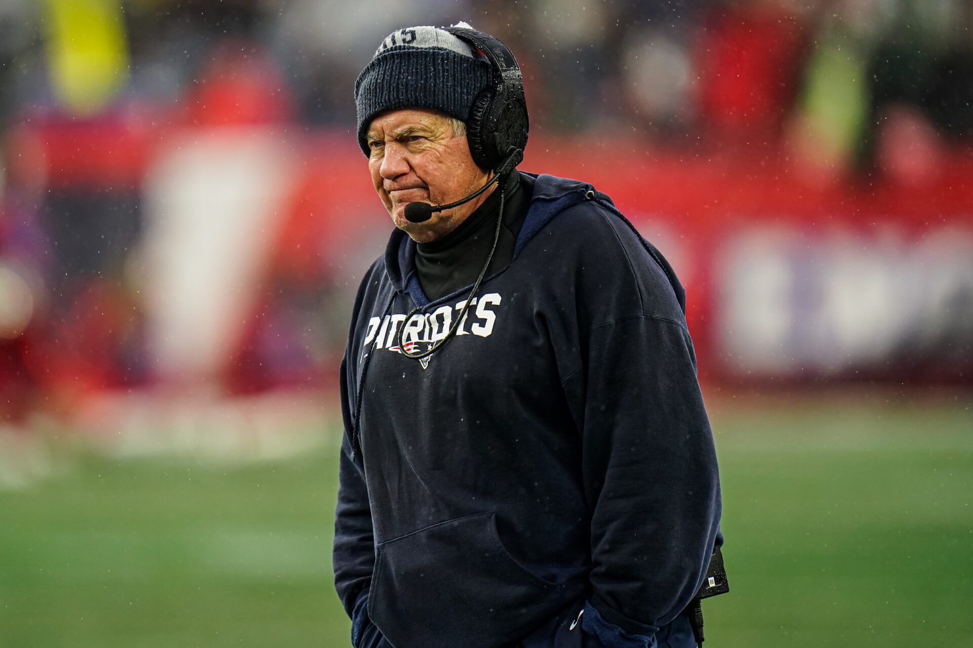 New England Patriots head coach Bill Belichick watches from the sideline as they take on the Los Angeles Chargers at Gillette Stadium.