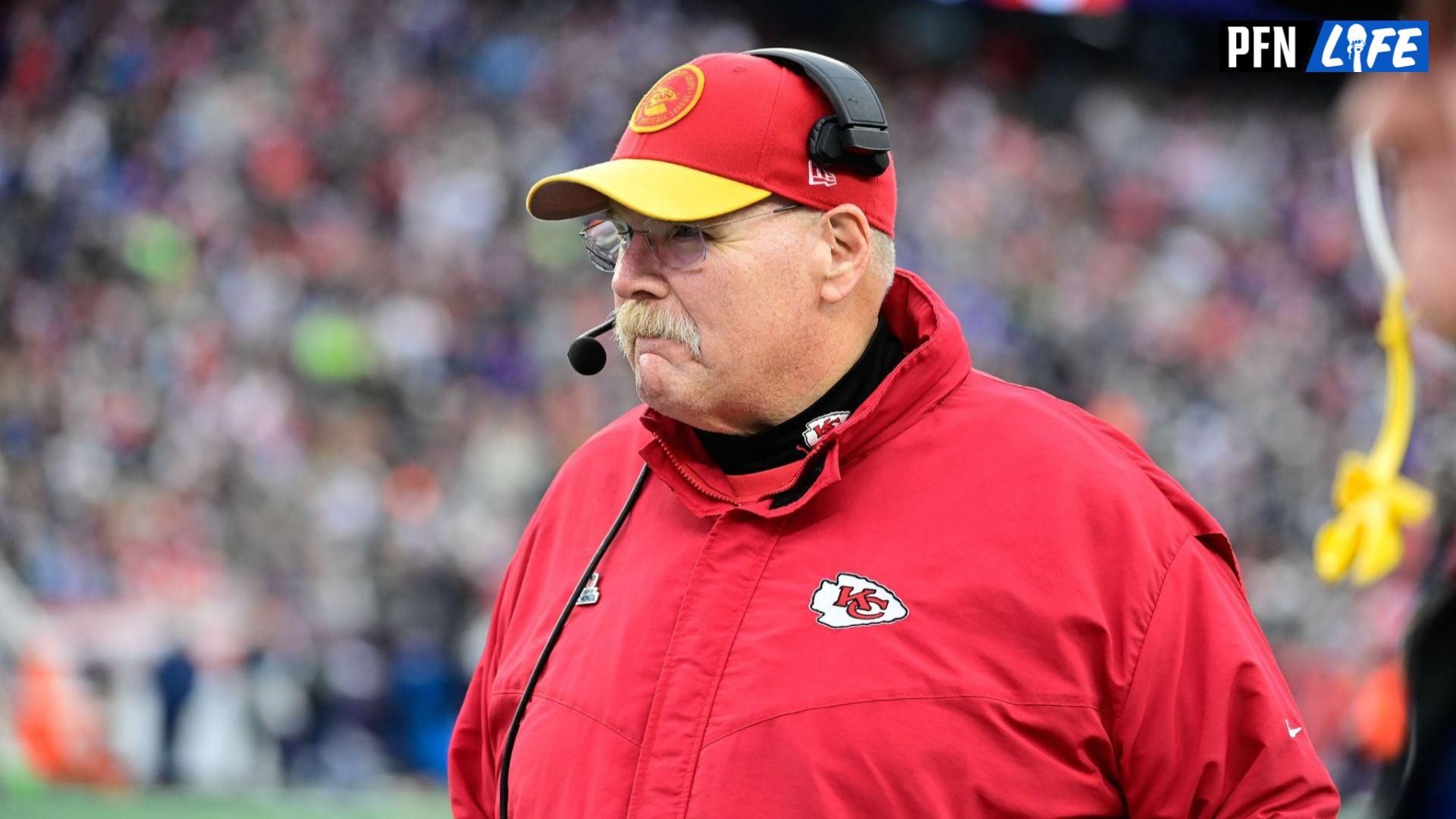 Kansas City Chiefs head coach Andy Reid walks the sideline during the second half against the New England Patriots at Gillette Stadium.