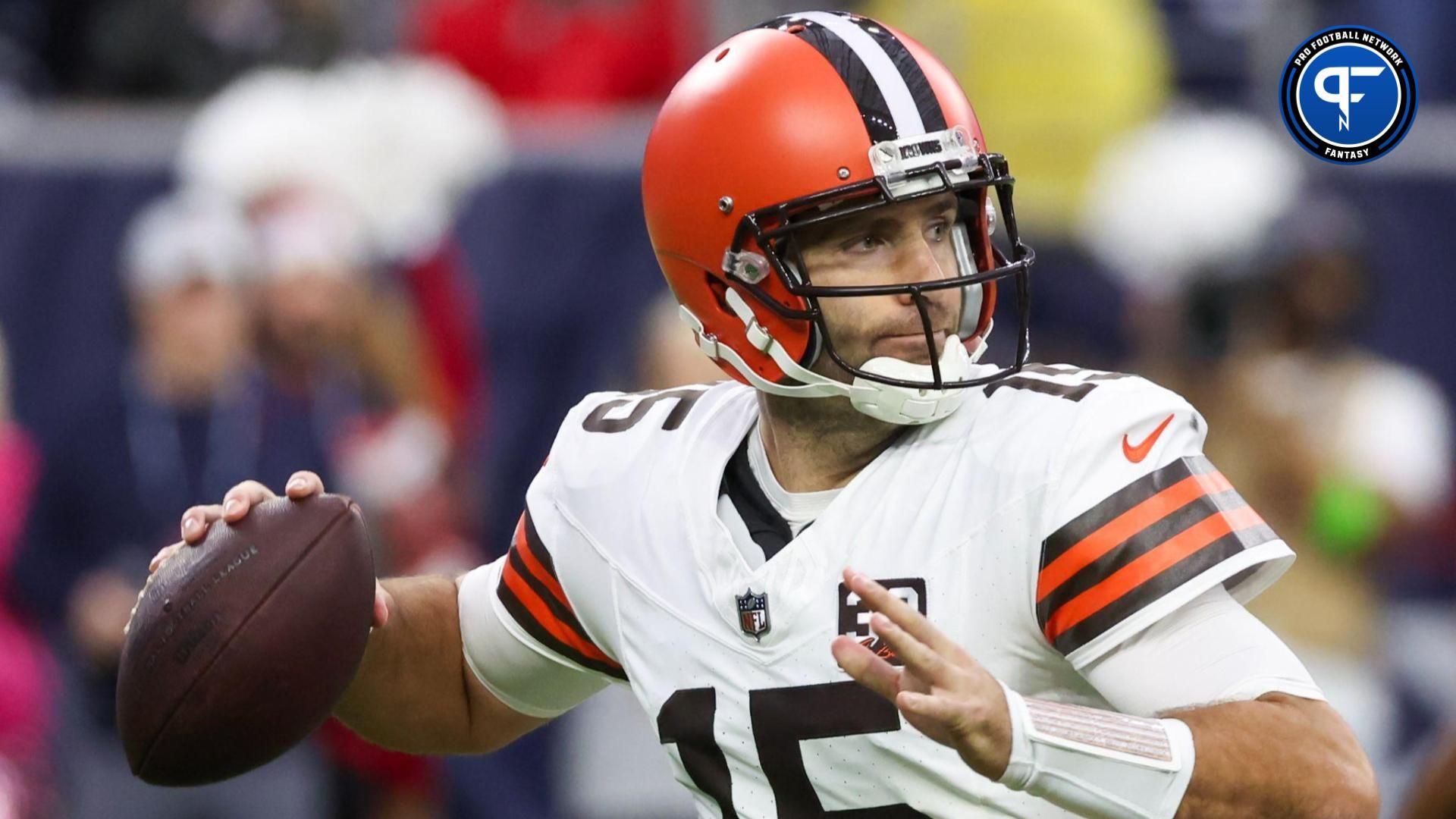 Cleveland Browns quarterback Joe Flacco (15) drops back to pass against the Houston Texans in the first quarter at NRG Stadium.