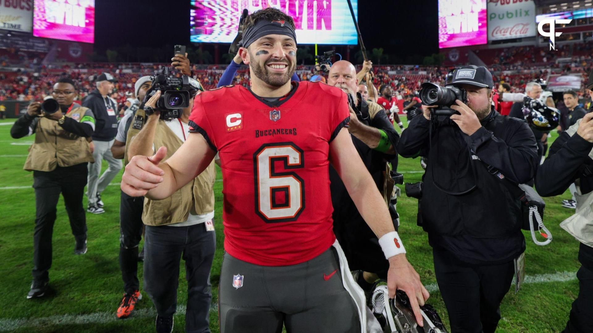 Tampa Bay Buccaneers quarterback Baker Mayfield (6) celebrates after beating the Jacksonville Jaguars at Raymond James Stadium.