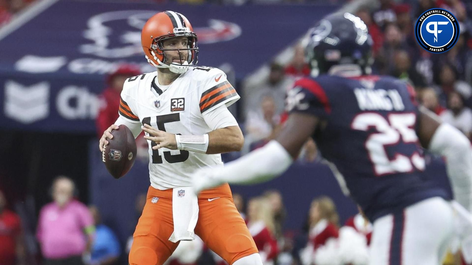 Cleveland Browns quarterback Joe Flacco (15) attempts a pass during the second quarter against the Houston Texans at NRG Stadium.