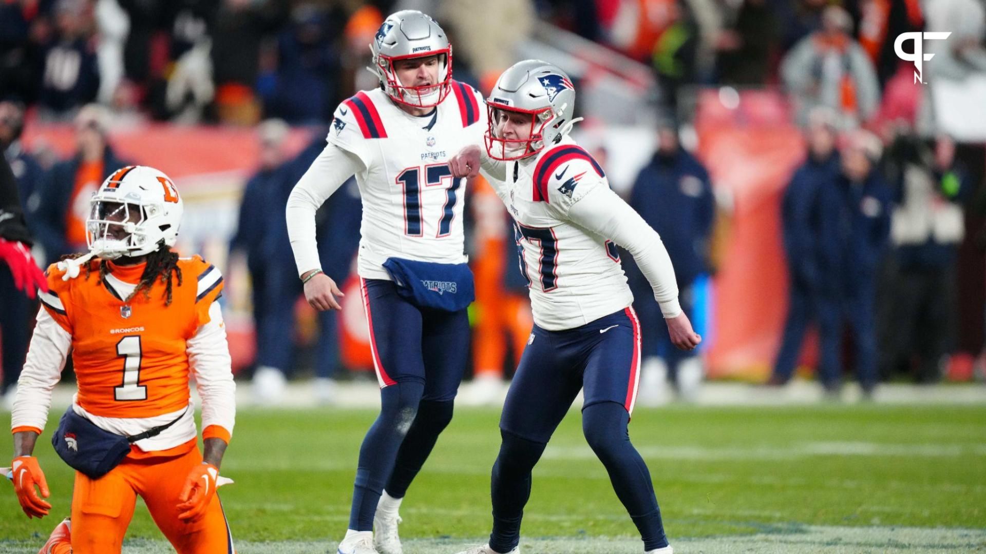 New England Patriots place kicker Chad Ryland (37) and punter Bryce Baringer (17) celebrate the Denver Broncos at Empower Field at Mile High.