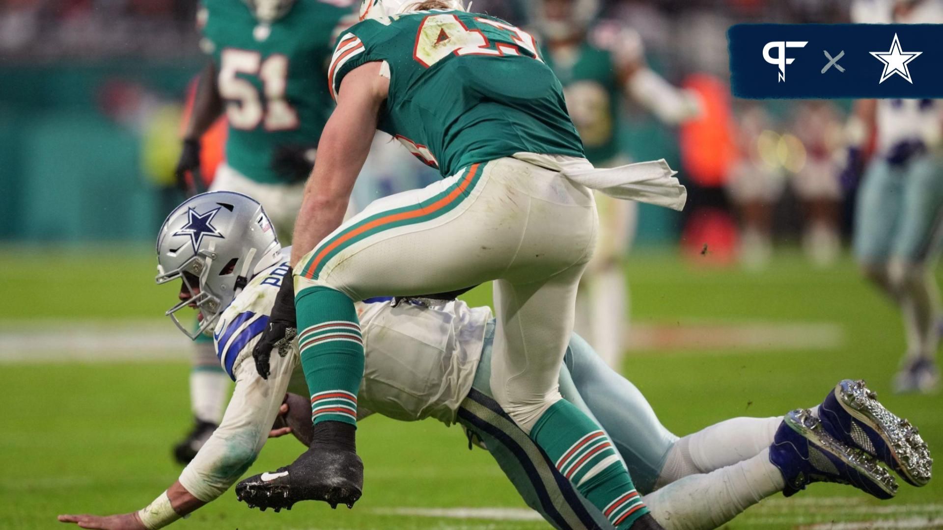 Miami Dolphins LB Andrew Van Ginkel (43) sacks Dallas Cowboys QB Dak Prescott (4).