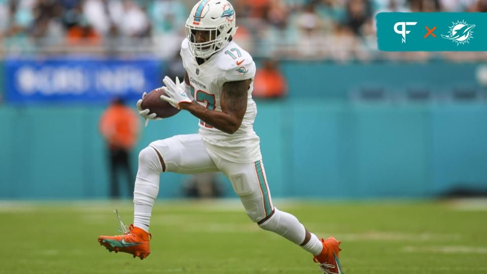 Miami Dolphins wide receiver Jaylen Waddle (17) runs with the football against the Las Vegas Raiders during the second quarter at Hard Rock Stadium.