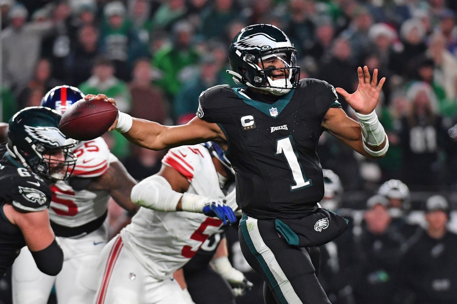 Philadelphia Eagles quarterback Jalen Hurts (1) throws a pass during the fourth quarter against the New York Giants at Lincoln Financial Field.