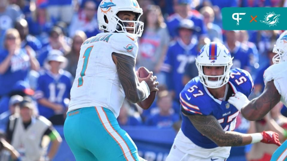 Miami Dolphins QB Tua Tagovailoa (1) looks to throw against the Buffalo Bills.