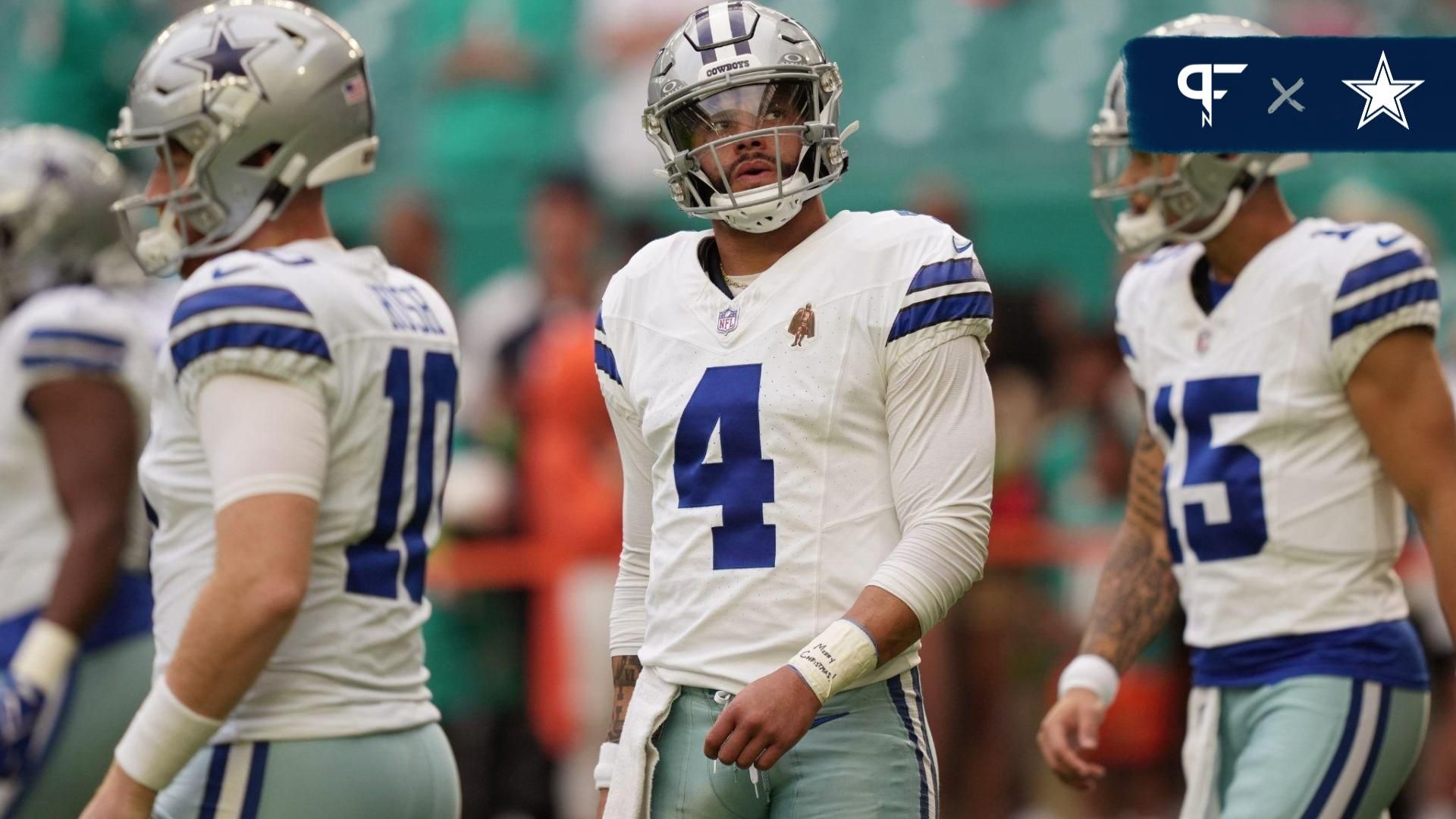 Dallas Cowboys quarterback Dak Prescott (4) warms-up before the NFL game against the Miami Dolphins at Hard Rock Stadium in Miami Gardens, Dec. 24, 2023.