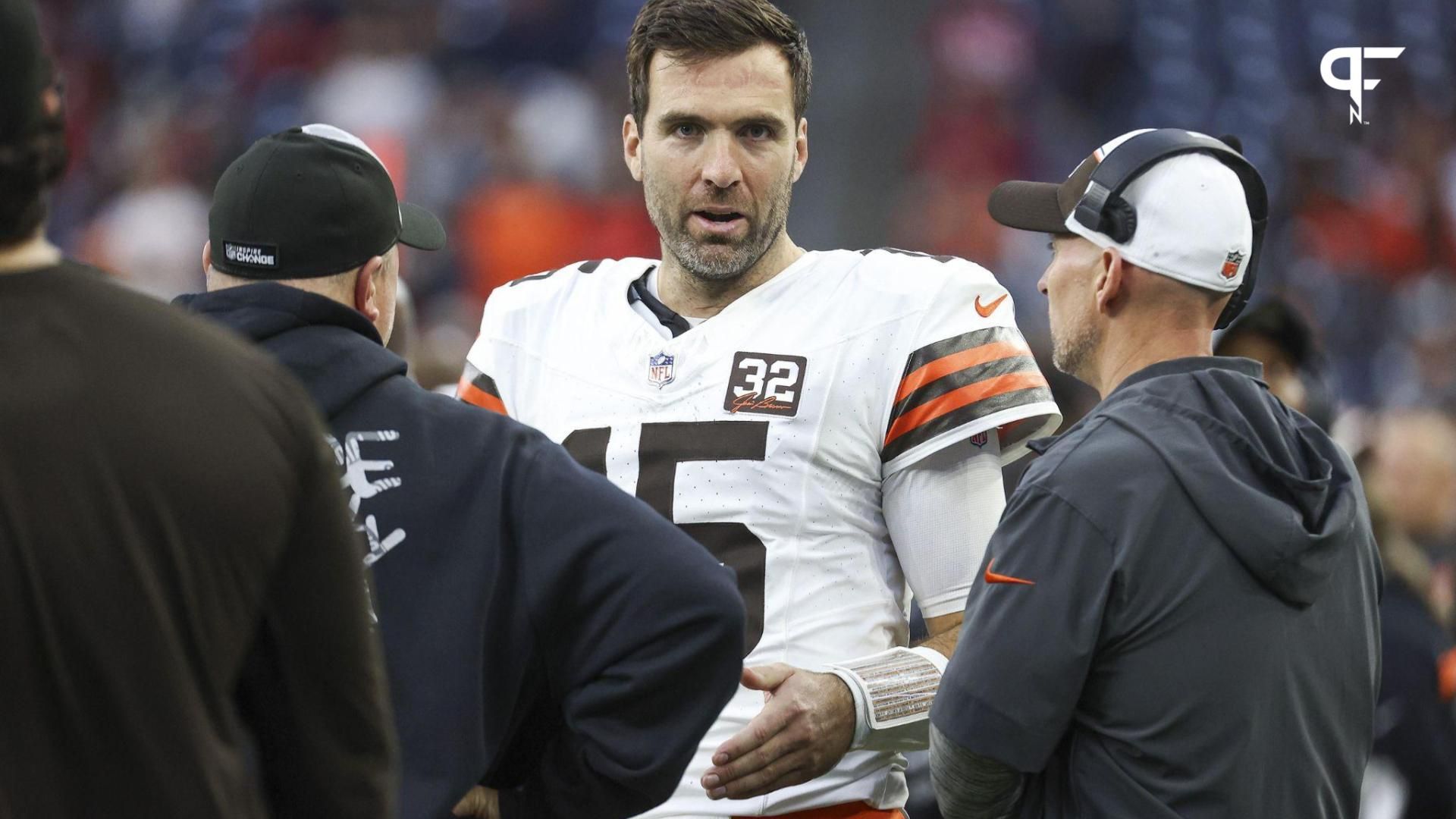 Cleveland Browns quarterback Joe Flacco (15) on the sideline during the fourth quarter against the Houston Texans at NRG Stadium.