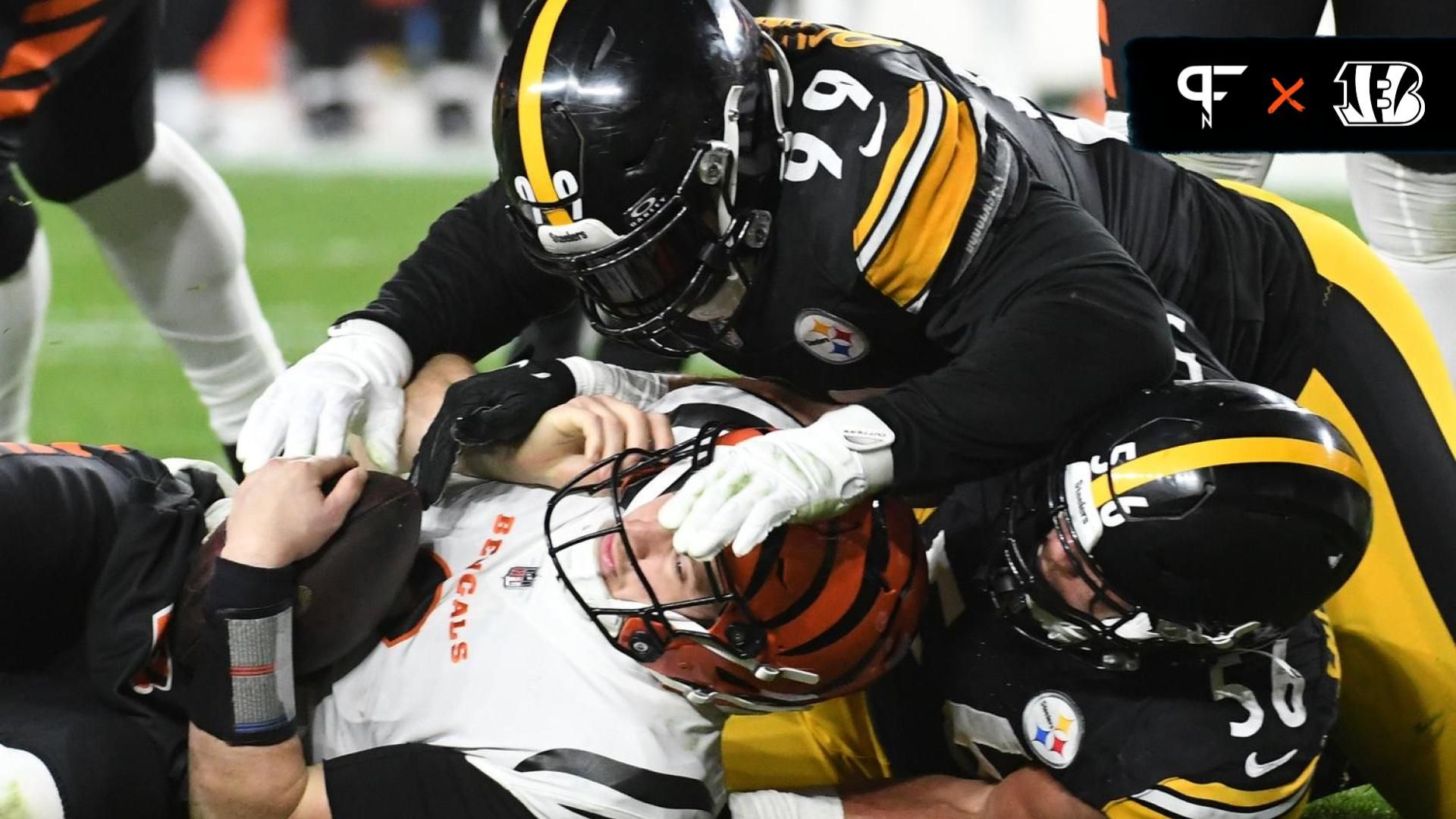 Cincinnati Bengals QB Jake Browning (6) is sacked by Pittsburgh Steelers defenders.