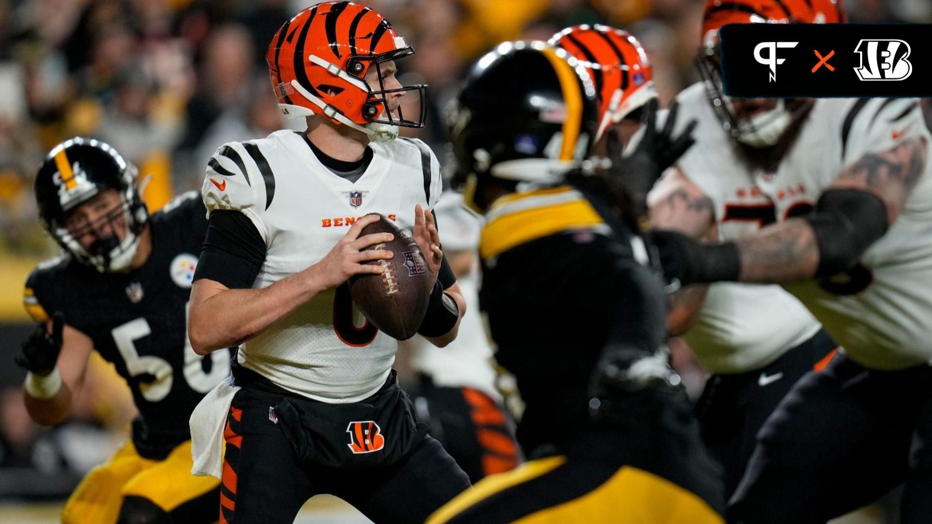 Cincinnati Bengals quarterback Jake Browning (6) stand-in the pocket before throwing in the second quarter of the NFL 16 game between the Pittsburgh Steelers and the Cincinnati Bengals at Acrisure Stadium in Pittsburgh on Saturday, Dec. 23, 2023. The Steelers led 24-0 at halftime.