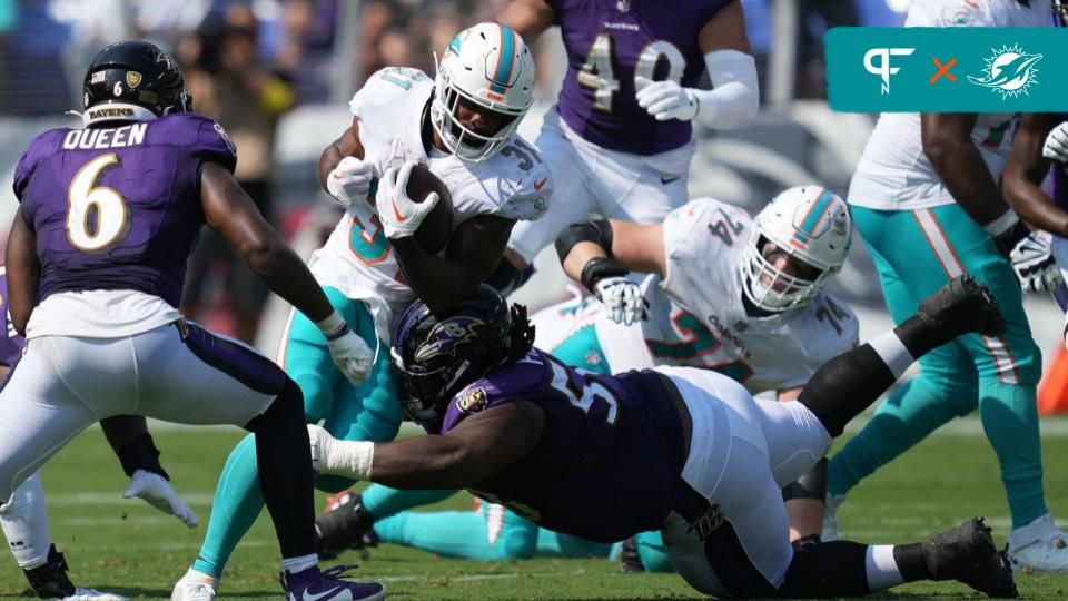 Miami Dolphins RB Raheem Mostert playing the Baltimore Ravens.