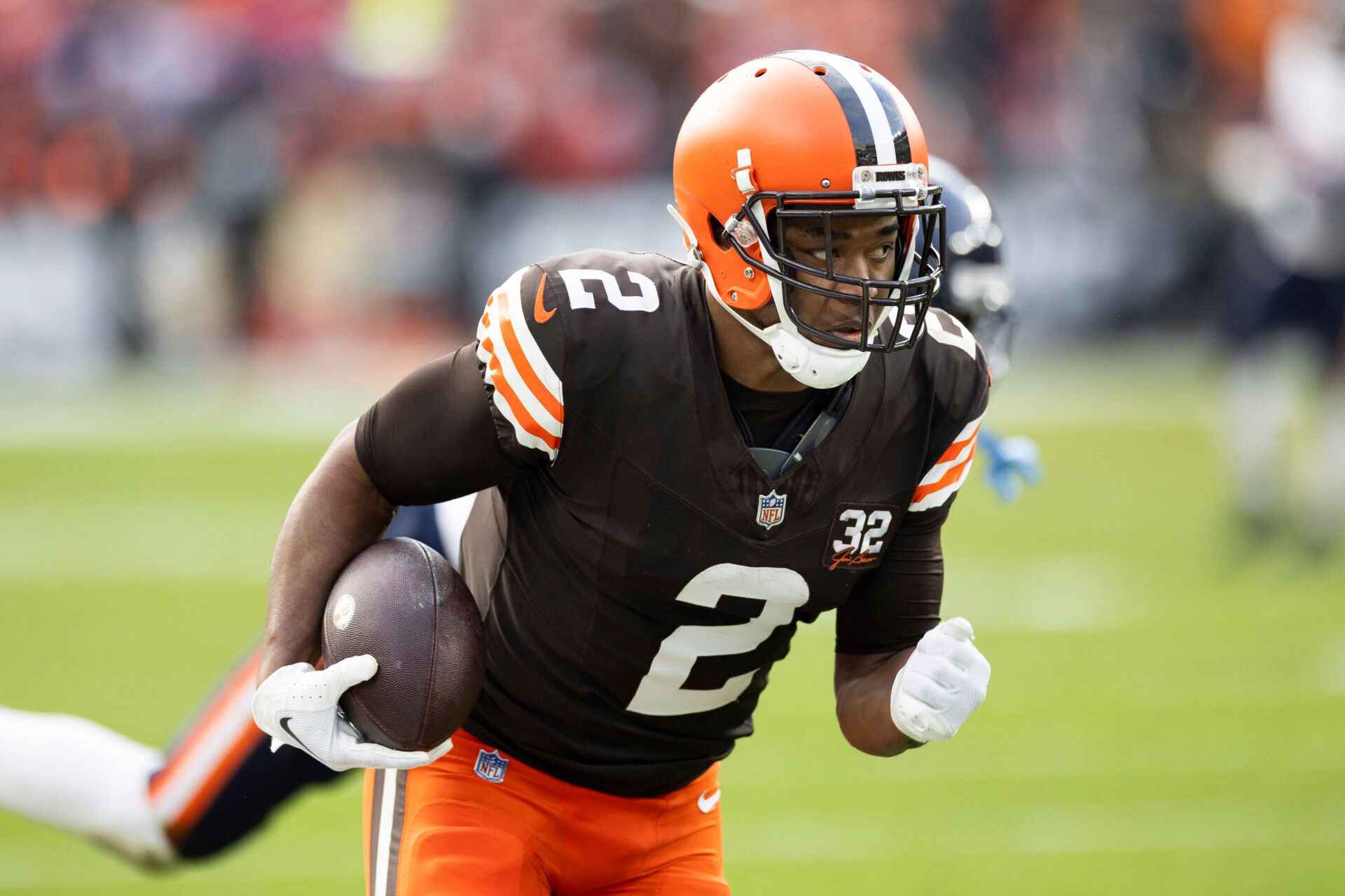 Cleveland Browns wide receiver Amari Cooper (2) runs the ball along the sideline for a touchdown against the Chicago Bears during the fourth quarter at Cleveland Browns Stadium.