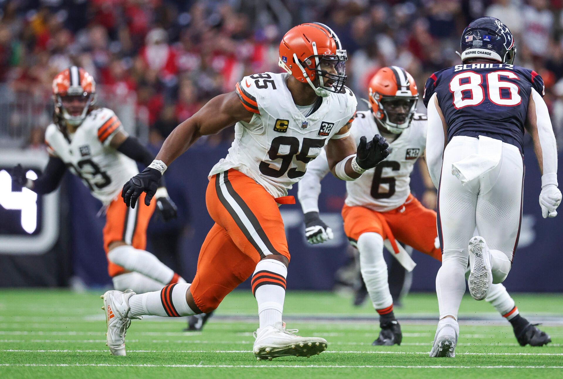 Cleveland Browns defensive end Myles Garrett (95) in action during the game against the Houston Texans at NRG Stadium.