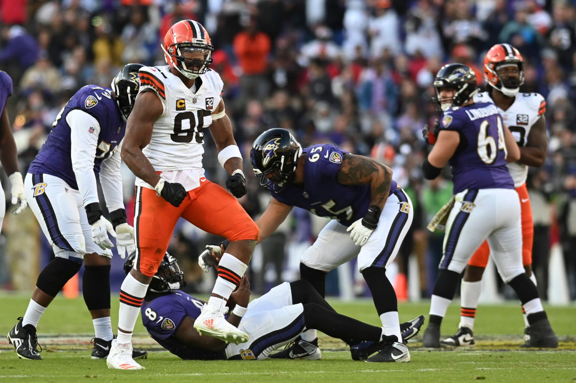 Cleveland Browns defensive end Myles Garrett (95) reacts after sacking Baltimore Ravens quarterback Lamar Jackson (8) in the second half at M&T Bank Stadium.